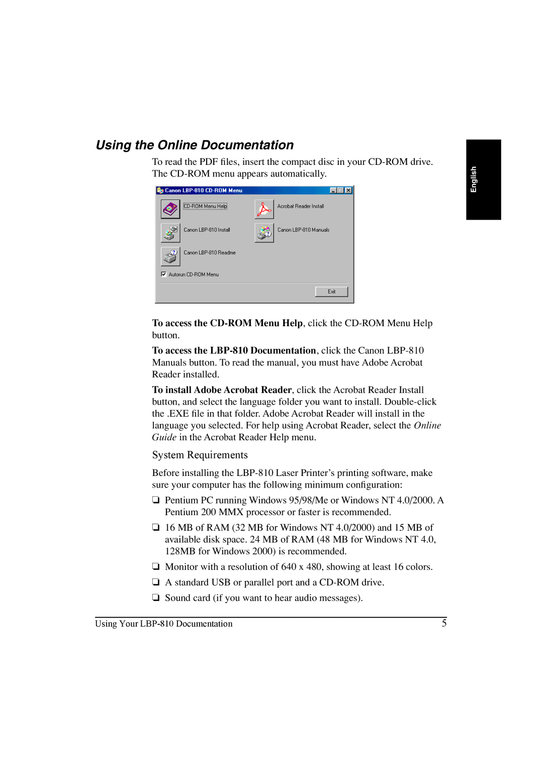 Canon LBP-810 manual Using the Online Documentation, System Requirements 