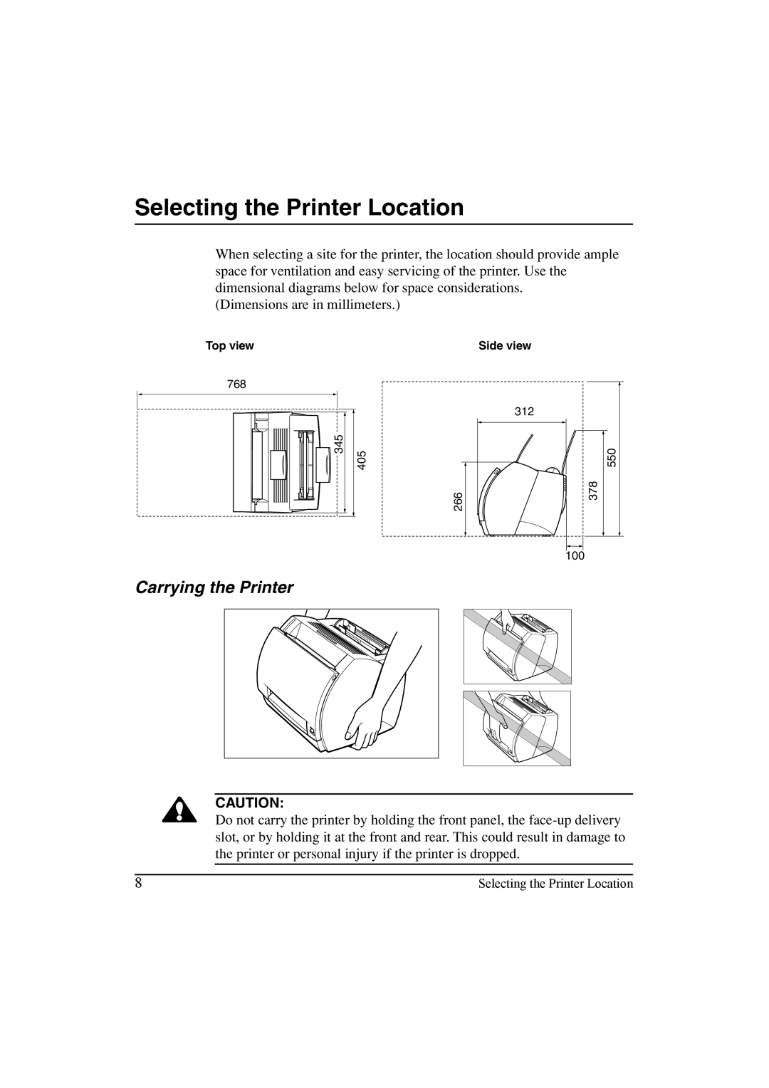 Canon LBP-810 manual Selecting the Printer Location, Carrying the Printer 