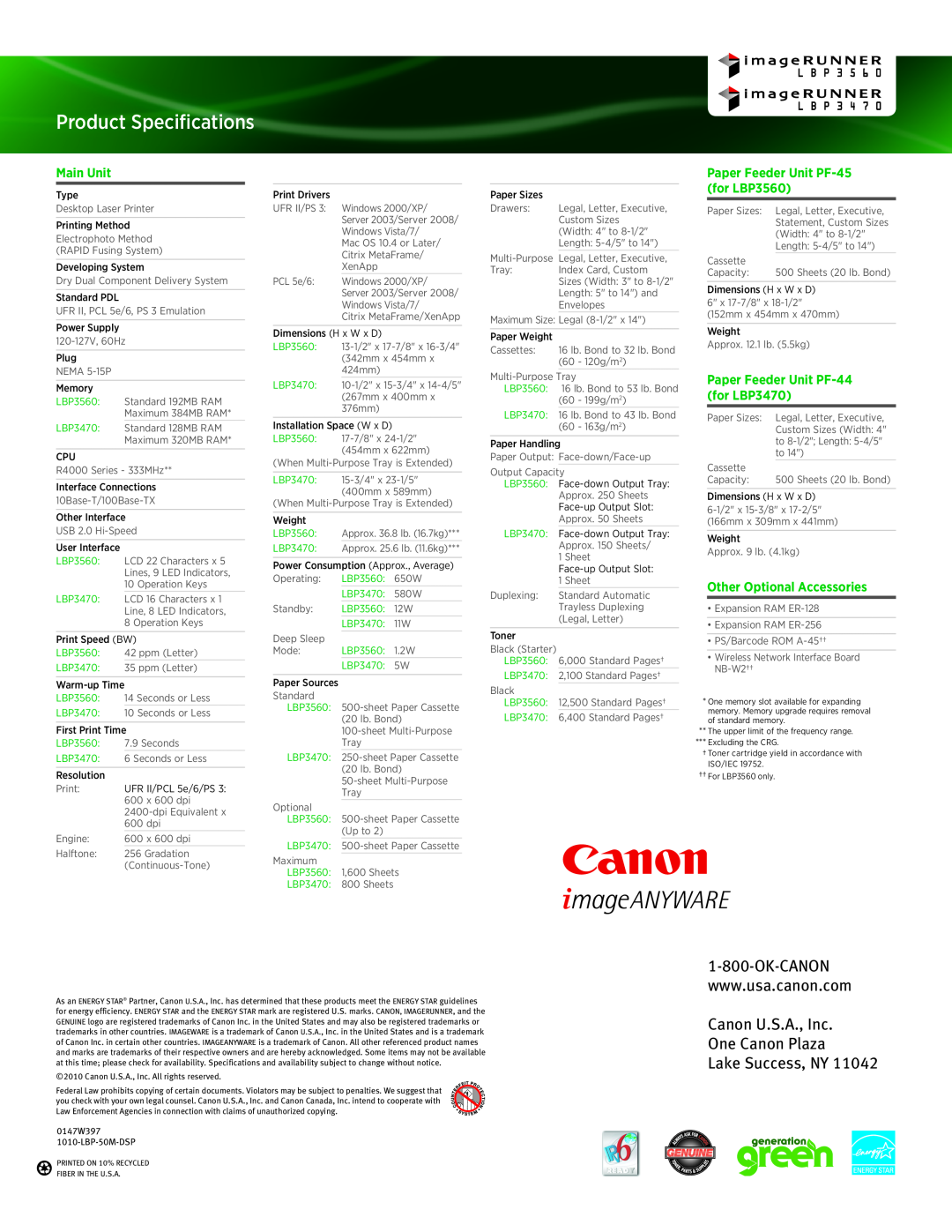 Canon LBP5975 Paper Feeder Unit PF-45 for LBP3560, Paper Feeder Unit PF-44 for LBP3470, Product Specifications, Main Unit 