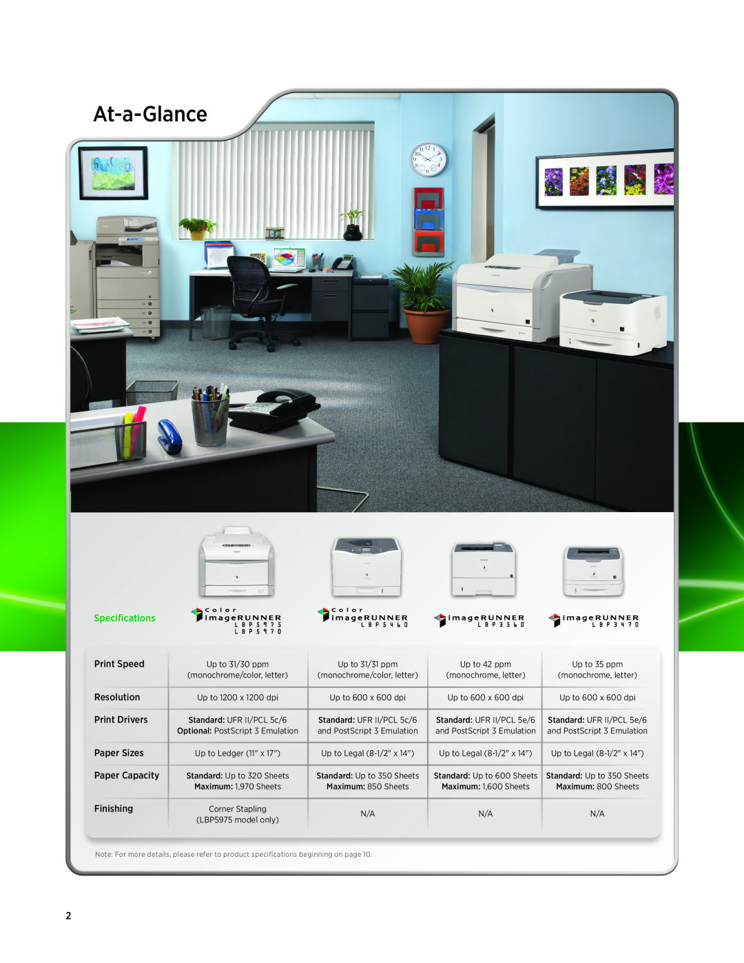 Canon LBP5975 At-a-Glance, Specifications, Print Speed, Resolution, Print Drivers, Paper Sizes, Paper Capacity, Finishing 