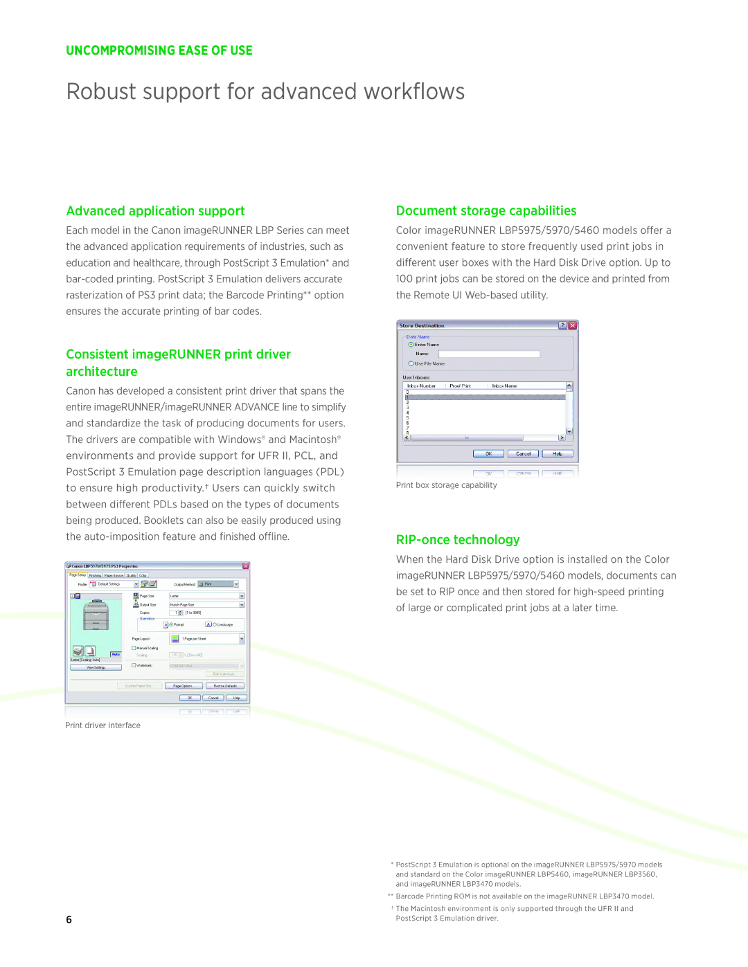 Canon LBP5975 manual Robust support for advanced workflows, Advanced application support, Document storage capabilities 