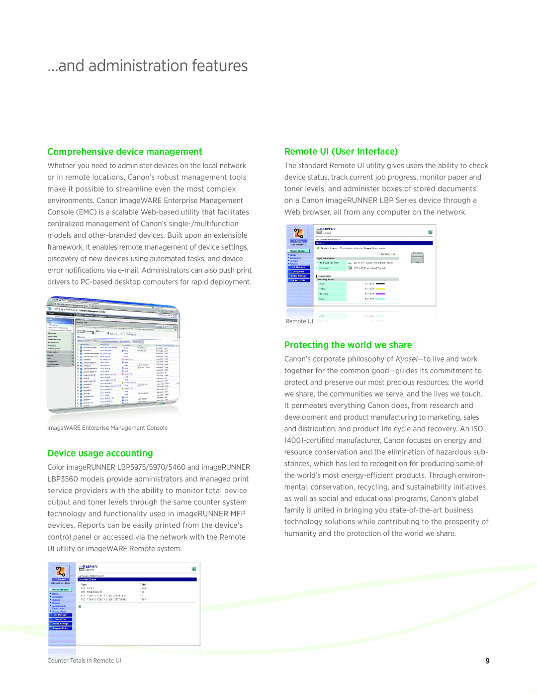 Canon LBP5975 manual …and administration features, Comprehensive device management, Device usage accounting 