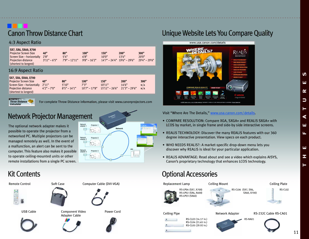 Canon LCOS Projectors manual Network Projector Management, Kit Contents, Optional Accessories 