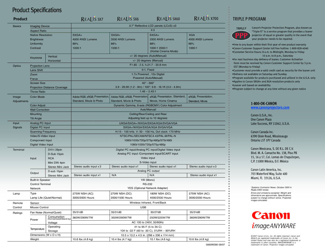 Canon LCOS Projectors manual Product Specifications 