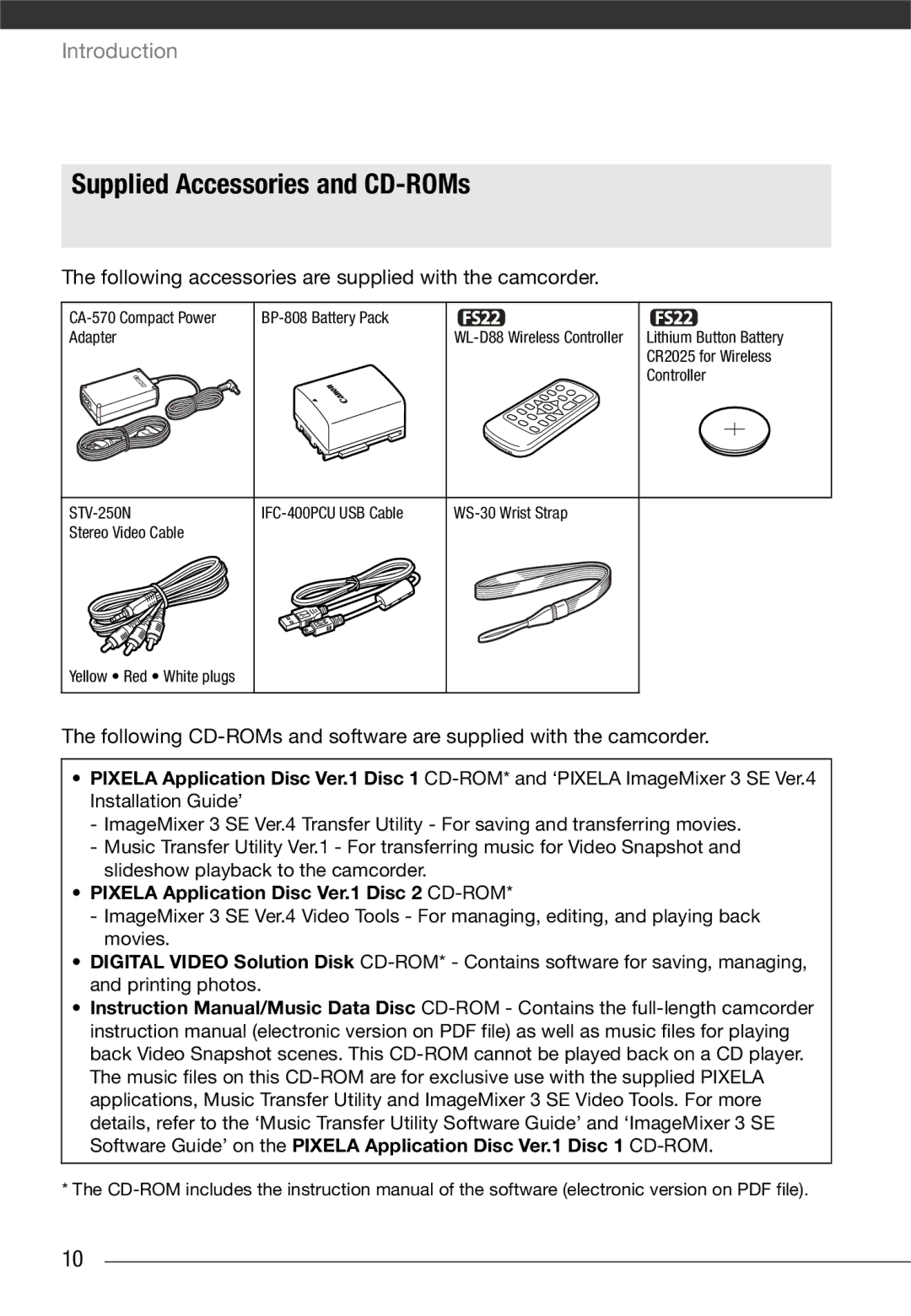 Canon LEGRIA FS22, LEGRIA FS20 Supplied Accessories and CD-ROMs, Following accessories are supplied with the camcorder 