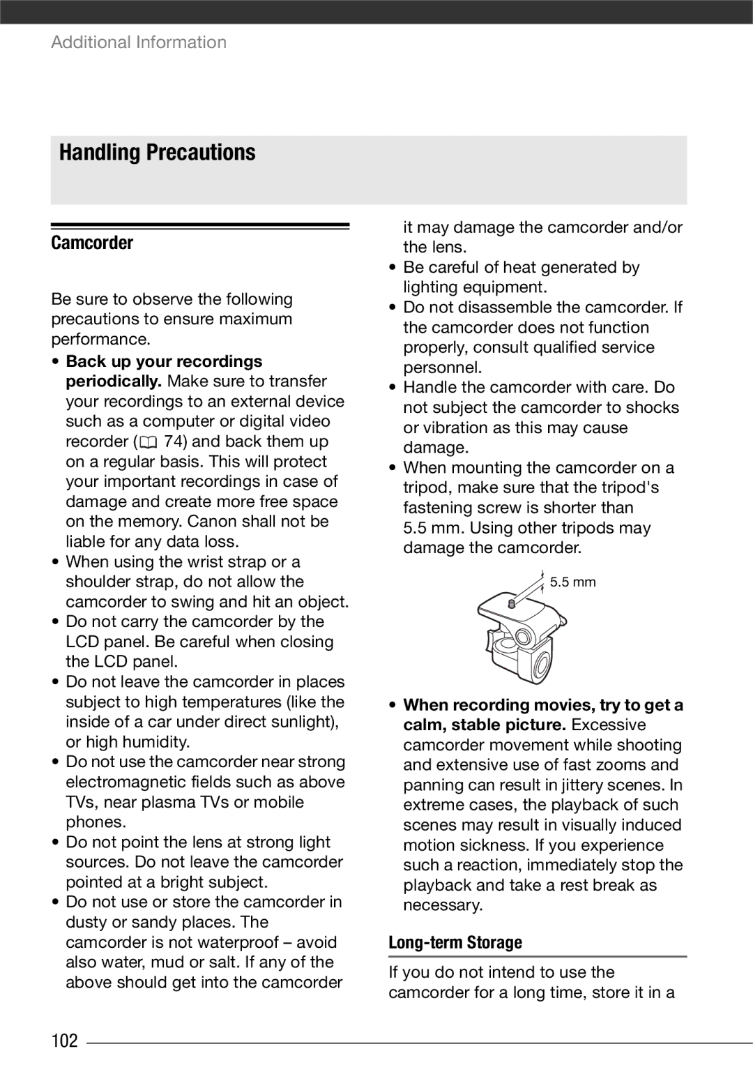 Canon LEGRIA FS22, LEGRIA FS21, LEGRIA FS200 instruction manual Handling Precautions, Camcorder, 102 