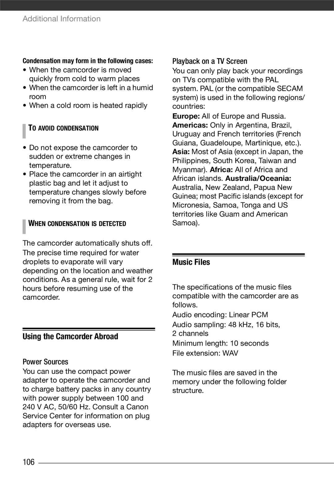Canon LEGRIA FS22, LEGRIA FS21, LEGRIA FS200 Using the Camcorder Abroad, Music Files, 106, Power Sources 