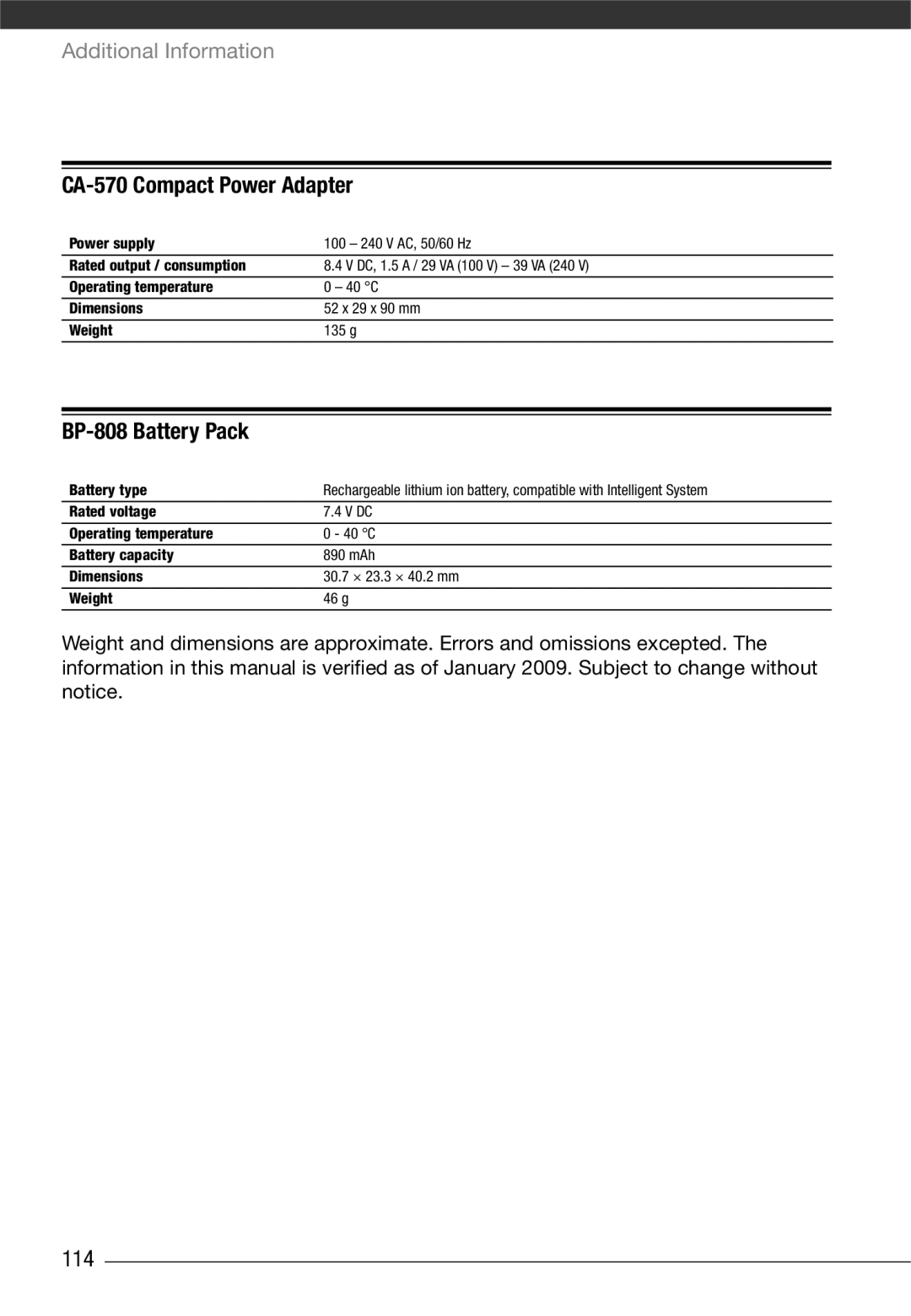 Canon LEGRIA FS22, LEGRIA FS21, LEGRIA FS200 instruction manual CA-570 Compact Power Adapter, BP-808 Battery Pack, 114 