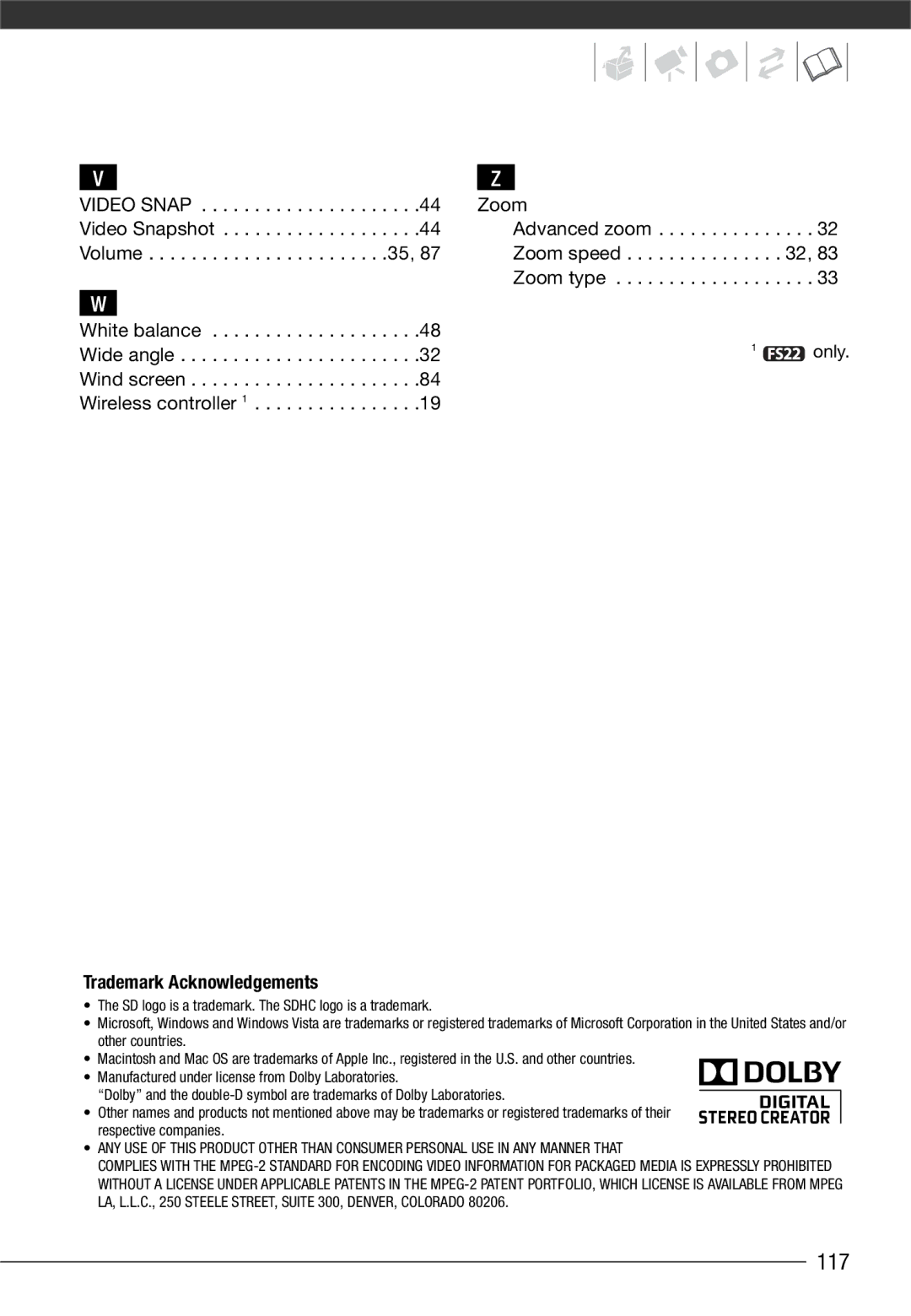 Canon LEGRIA FS21, LEGRIA FS22, LEGRIA FS200 instruction manual 117, Trademark Acknowledgements 