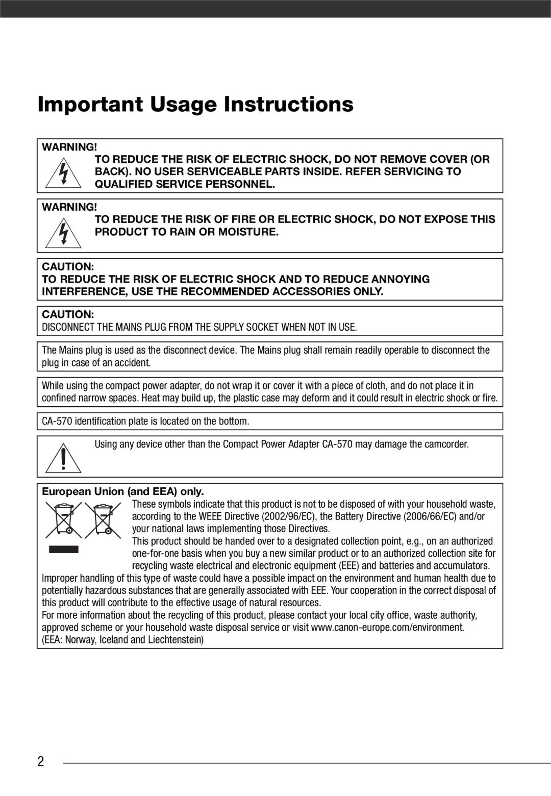 Canon LEGRIA FS22, LEGRIA FS21, LEGRIA FS200 instruction manual Important Usage Instructions 