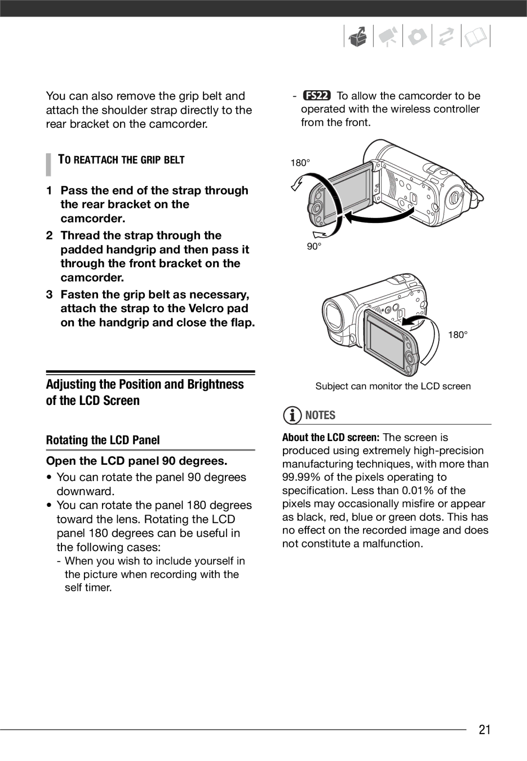 Canon LEGRIA FS21, LEGRIA FS20 Adjusting the Position and Brightness of the LCD Screen, To Reattach the Grip Belt 