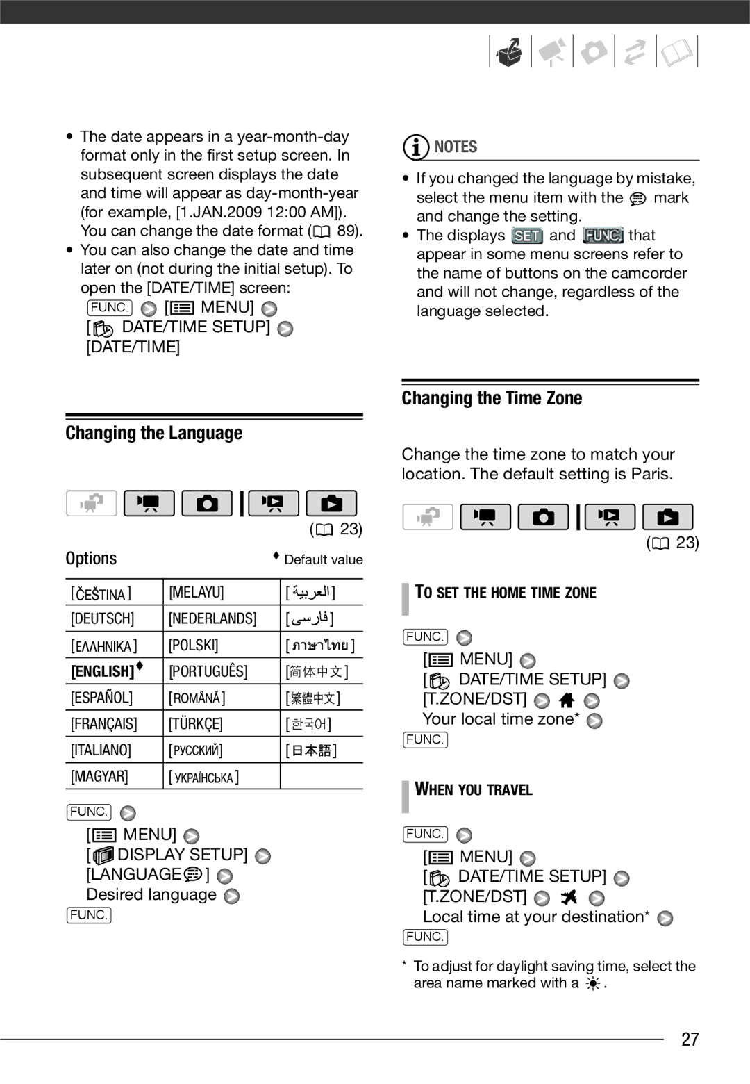 Canon LEGRIA FS200 Changing the Language, Changing the Time Zone, DATE/TIME Setup DATE/TIME, DATE/TIME Setup T.ZONE/DST 