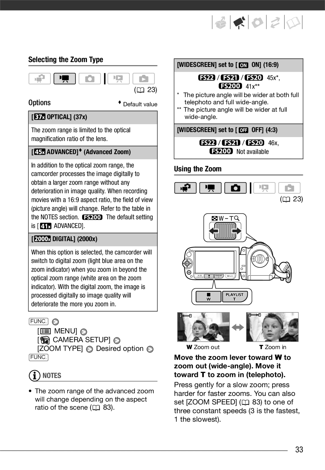 Canon LEGRIA FS21 Selecting the Zoom Type Options, Camera Setup, Zoom Type Desired option, 46x, Using the Zoom 