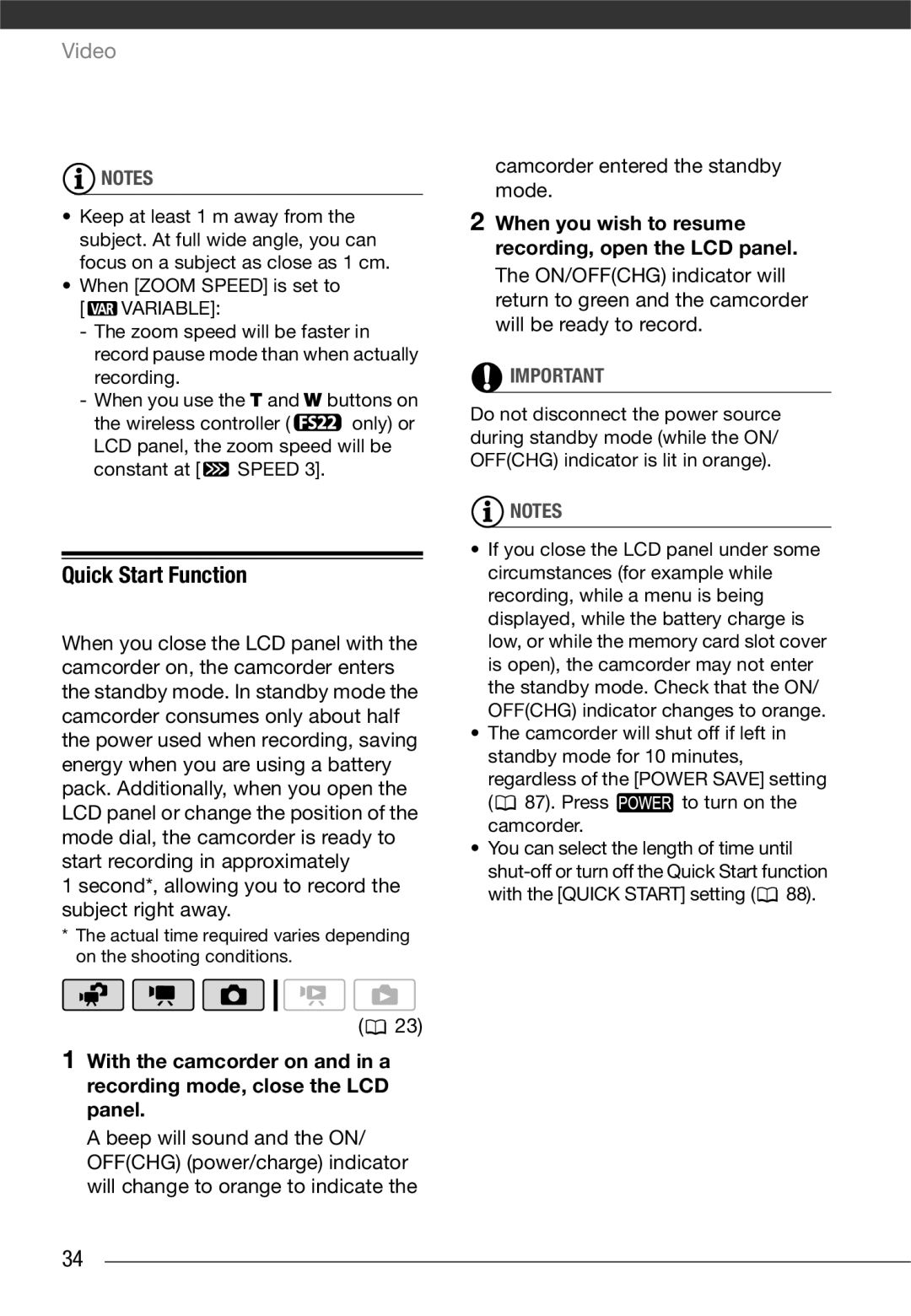 Canon LEGRIA FS22, LEGRIA FS20 Quick Start Function, Second*, allowing you to record the subject right away, Variable 