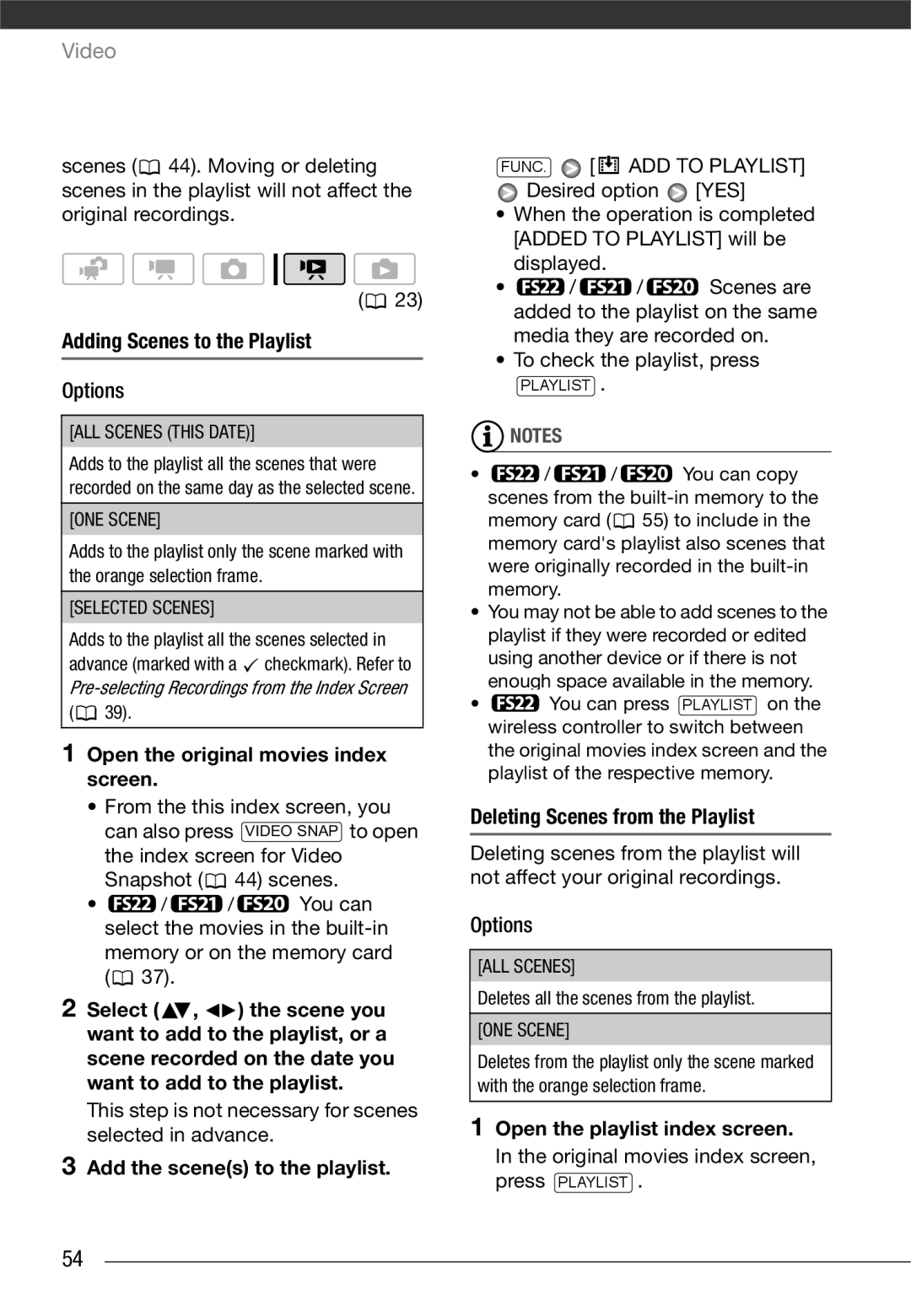 Canon LEGRIA FS22, LEGRIA FS20 Adding Scenes to the Playlist, This step is not necessary for scenes selected in advance 