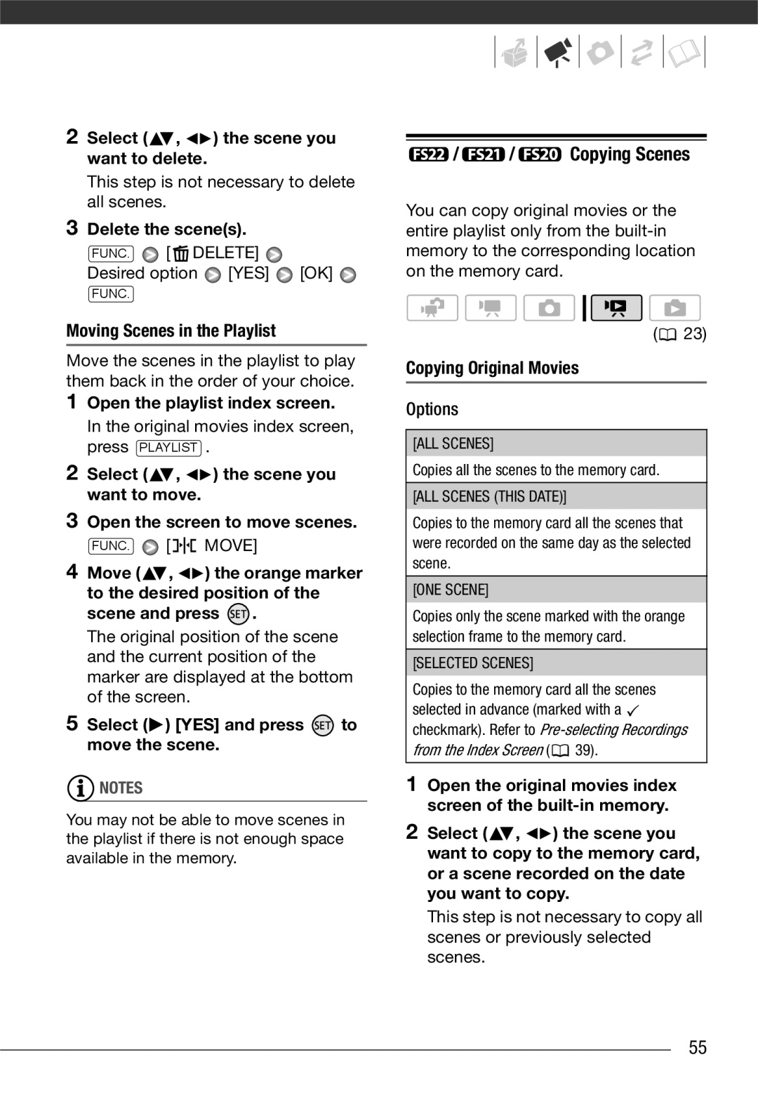 Canon LEGRIA FS200, LEGRIA FS21 Copying Scenes, Select , the scene you want to delete, Moving Scenes in the Playlist 