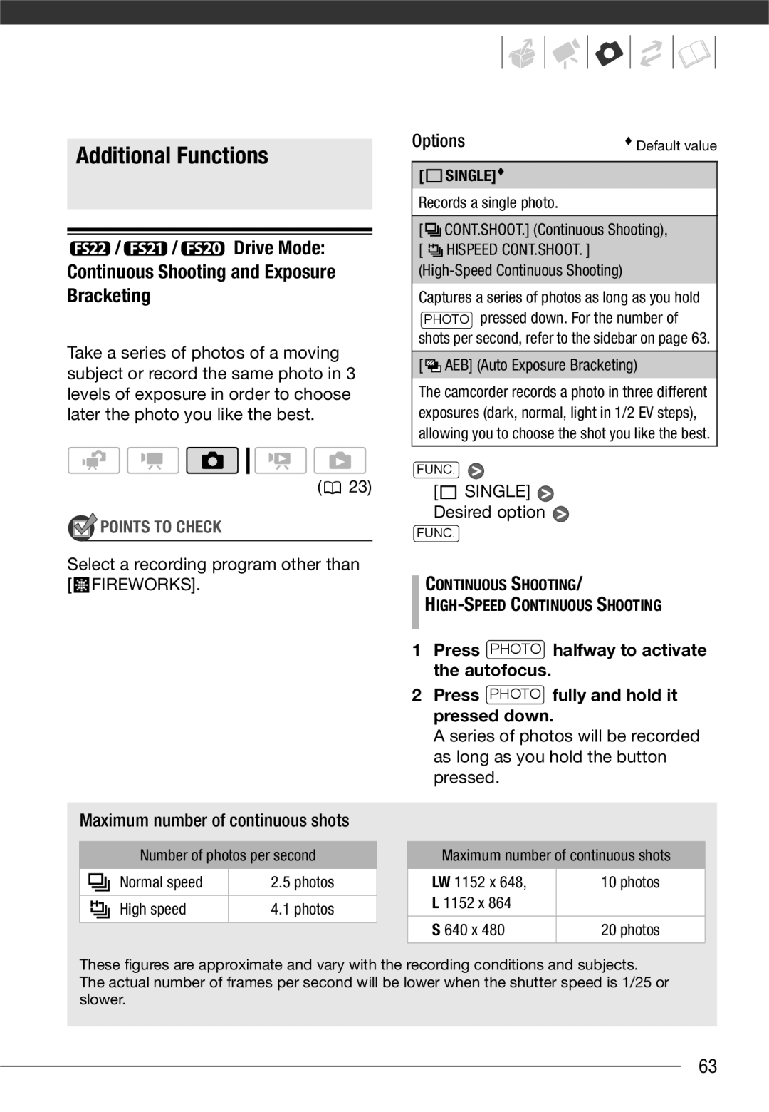 Canon LEGRIA FS200 Additional Functions, Drive Mode Continuous Shooting and Exposure Bracketing, Single Desired option 