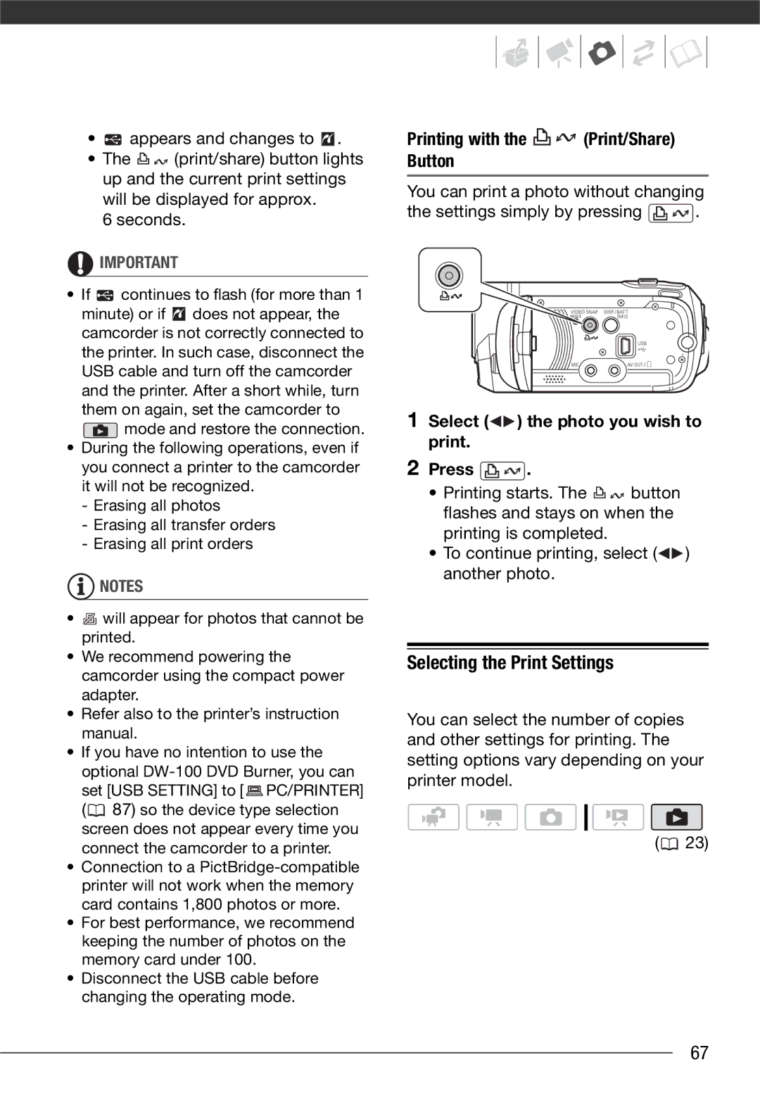 Canon LEGRIA FS200 Selecting the Print Settings, Printing with the Print/Share Button, If continues to flash for more than 