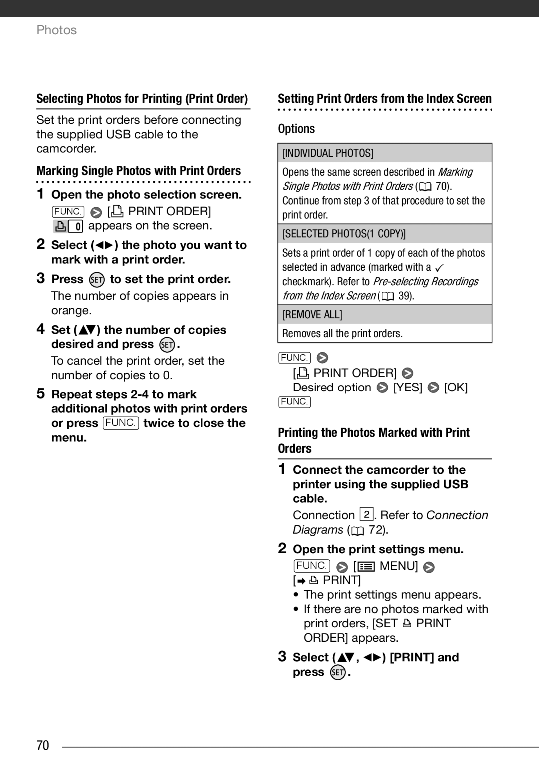 Canon LEGRIA FS22, LEGRIA FS20, LEGRIA FS21 Print Order, Open the print settings menu, Menu, Select , Print Press 