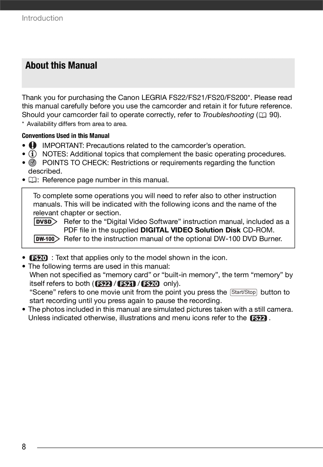 Canon LEGRIA FS21, LEGRIA FS22, LEGRIA FS200 instruction manual About this Manual, Conventions Used in this Manual 