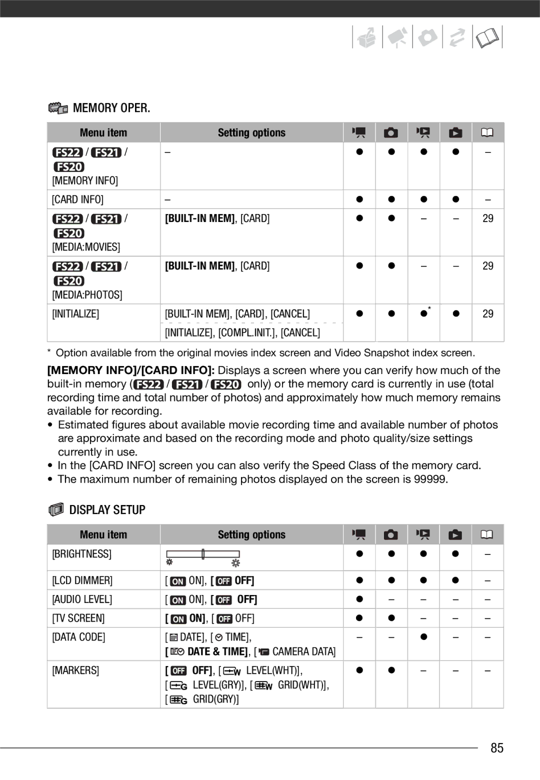 Canon LEGRIA FS21, LEGRIA FS22, LEGRIA FS200 instruction manual Display Setup, BUILT-IN MEM, Card, Off 