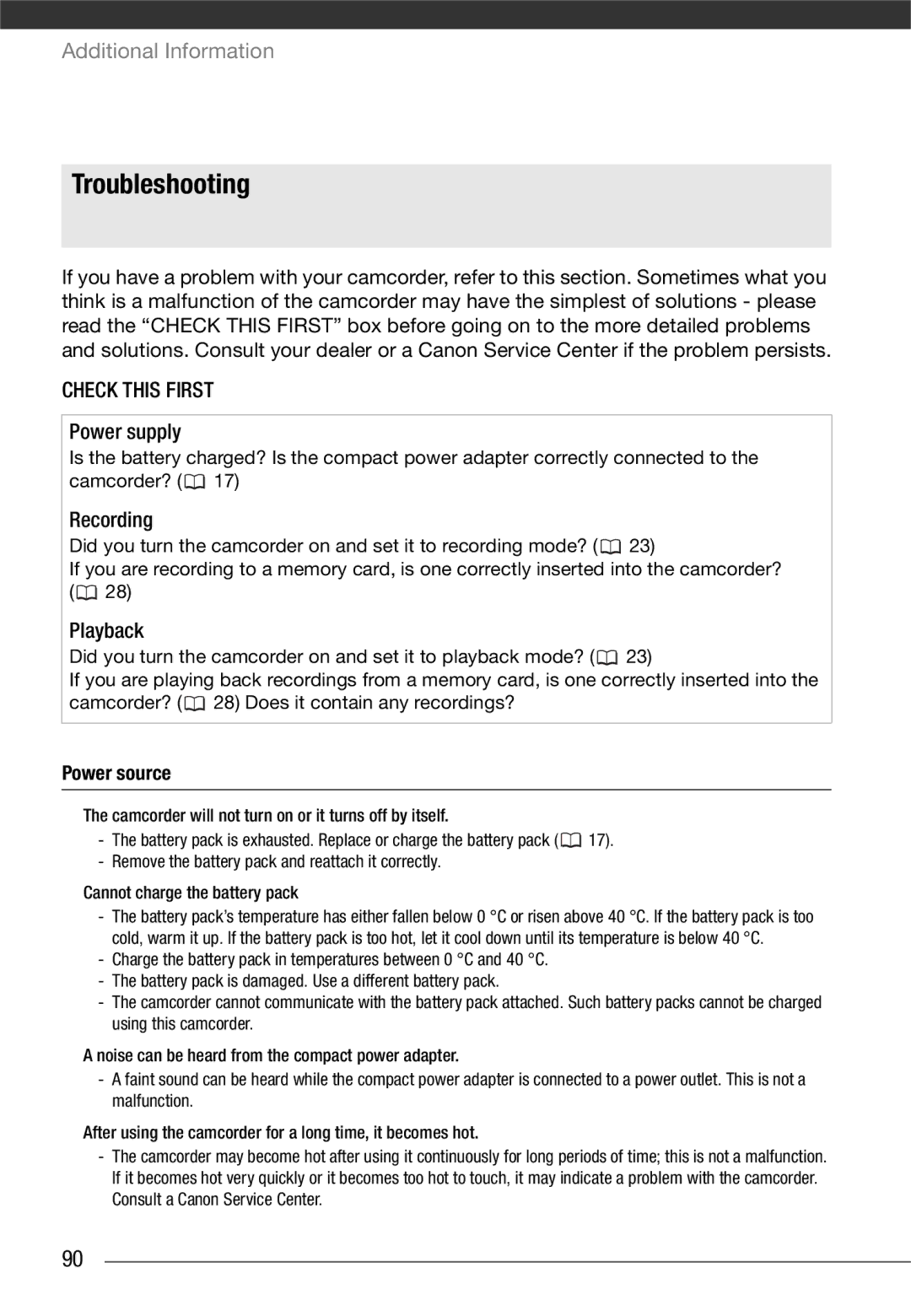 Canon LEGRIA FS22, LEGRIA FS21, LEGRIA FS200 instruction manual Troubleshooting, Check this First, Power source 