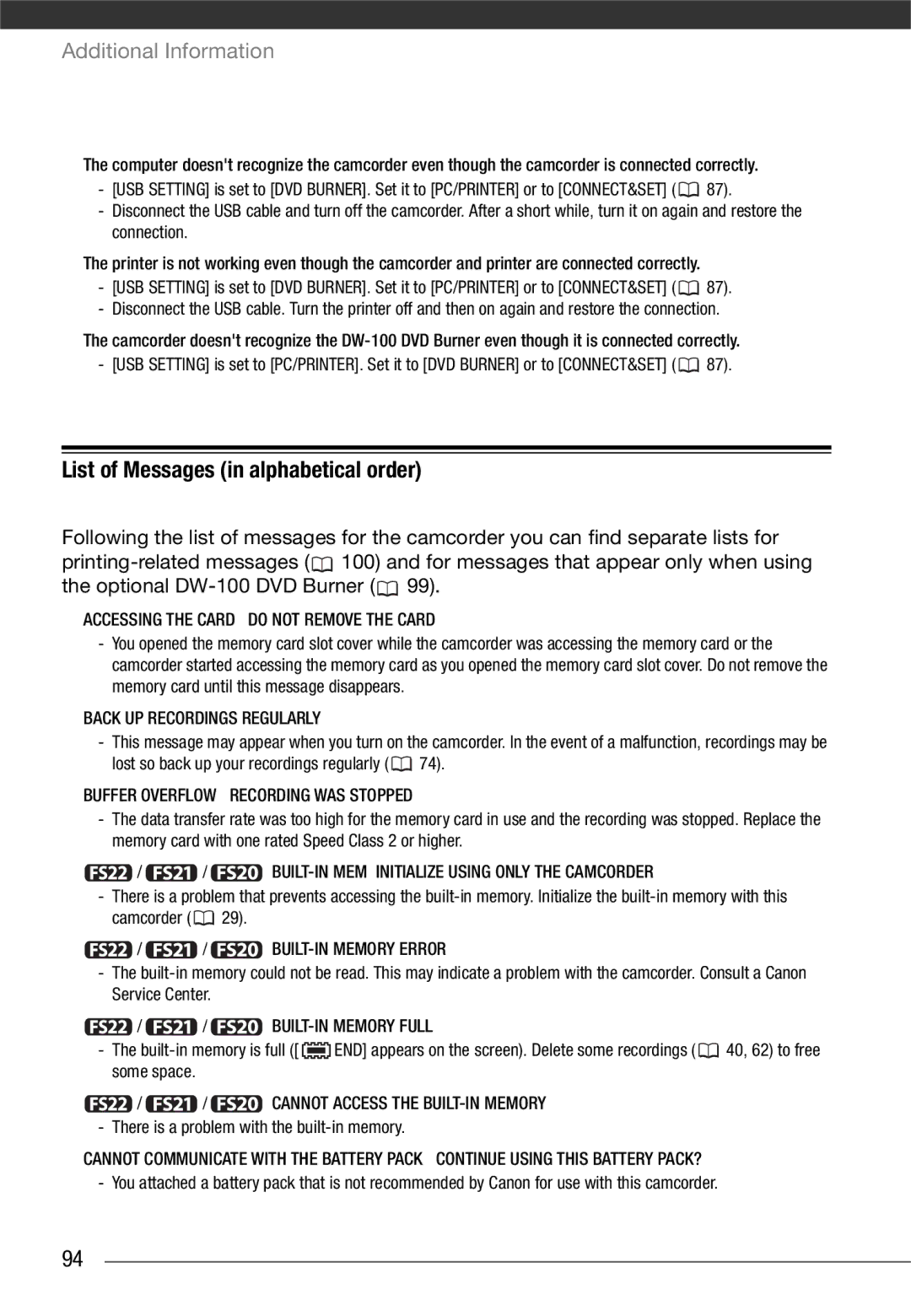 Canon LEGRIA FS22, LEGRIA FS21, LEGRIA FS200 instruction manual List of Messages in alphabetical order 