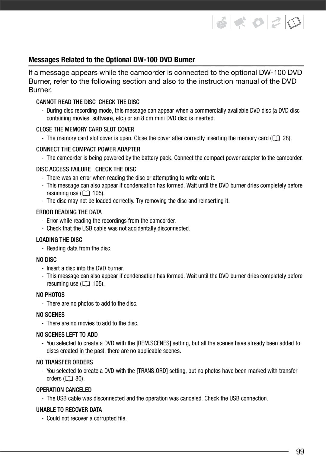 Canon LEGRIA FS200, LEGRIA FS21, LEGRIA FS22 instruction manual Messages Related to the Optional DW-100 DVD Burner 