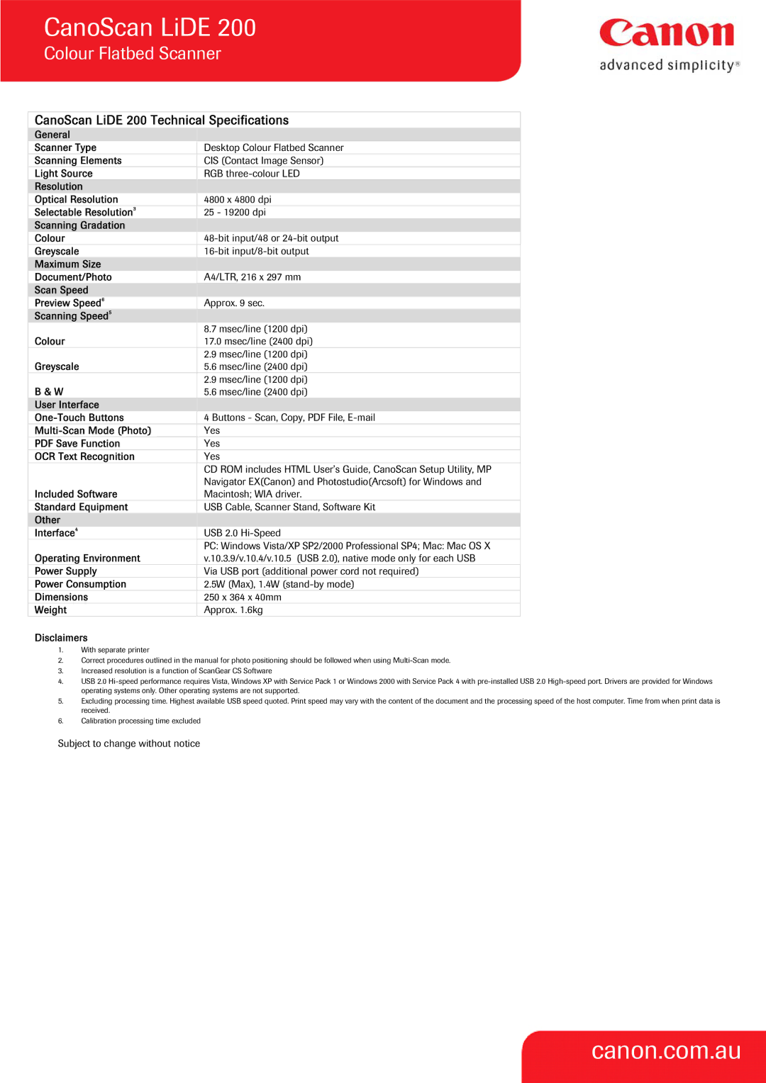 Canon LIDE 200 General Scanner Type, Scanning Elements, Light Source, Resolution Optical Resolution, Selectable Resolution 