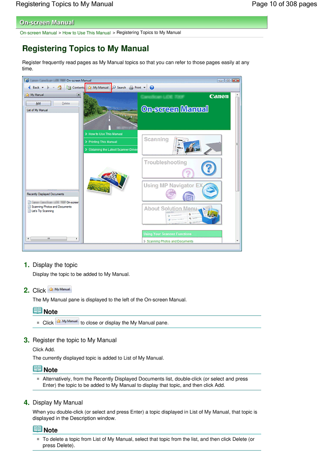 Canon LiDE 700F Registering Topics to My Manual 10 of 308 pages, Display the topic, Register the topic to My Manual 