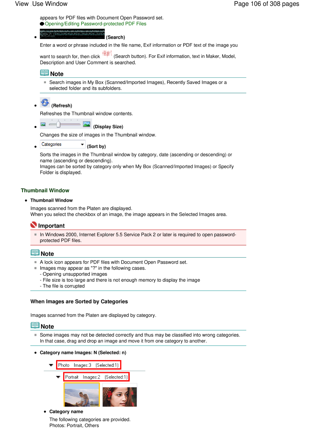 Canon LiDE 700F manual View Use Window 106 of 308 pages, Refresh, Category name Images N Selected n 