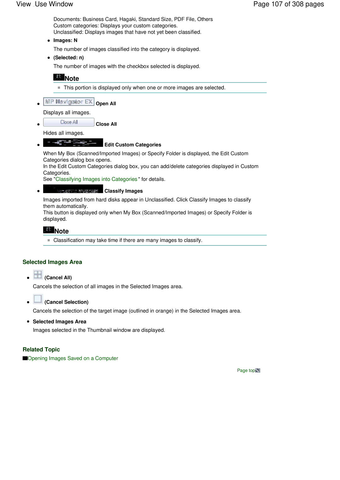 Canon LiDE 700F manual View Use Window 107 of 308 pages, Images N, Selected n, Edit Custom Categories, Classify Images 