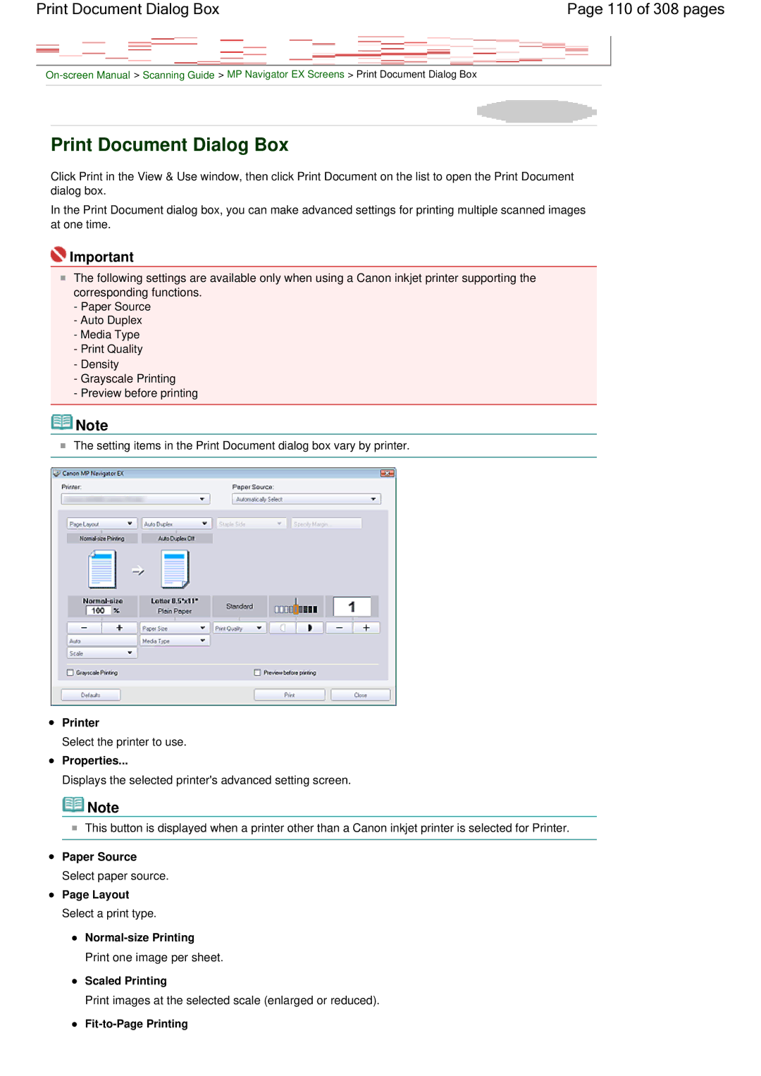 Canon LiDE 700F manual Print Document Dialog Box 110 of 308 pages 