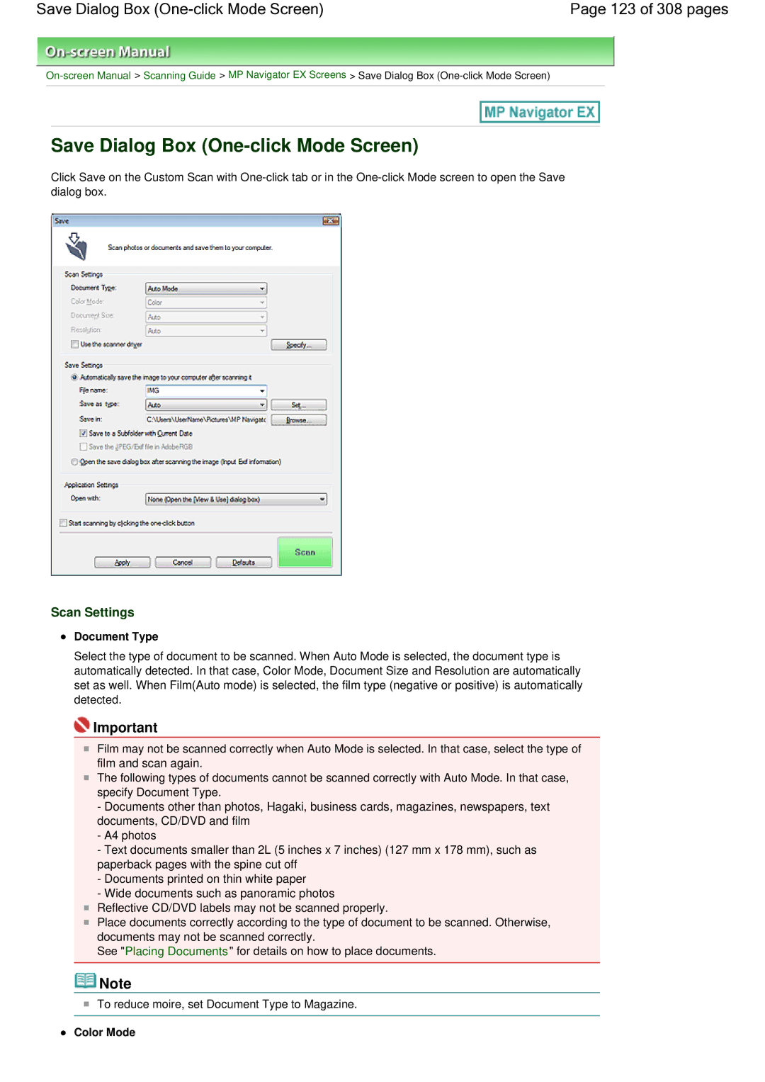 Canon LiDE 700F manual Save Dialog Box One-click Mode Screen 123 of 308 pages, Scan Settings, Color Mode 