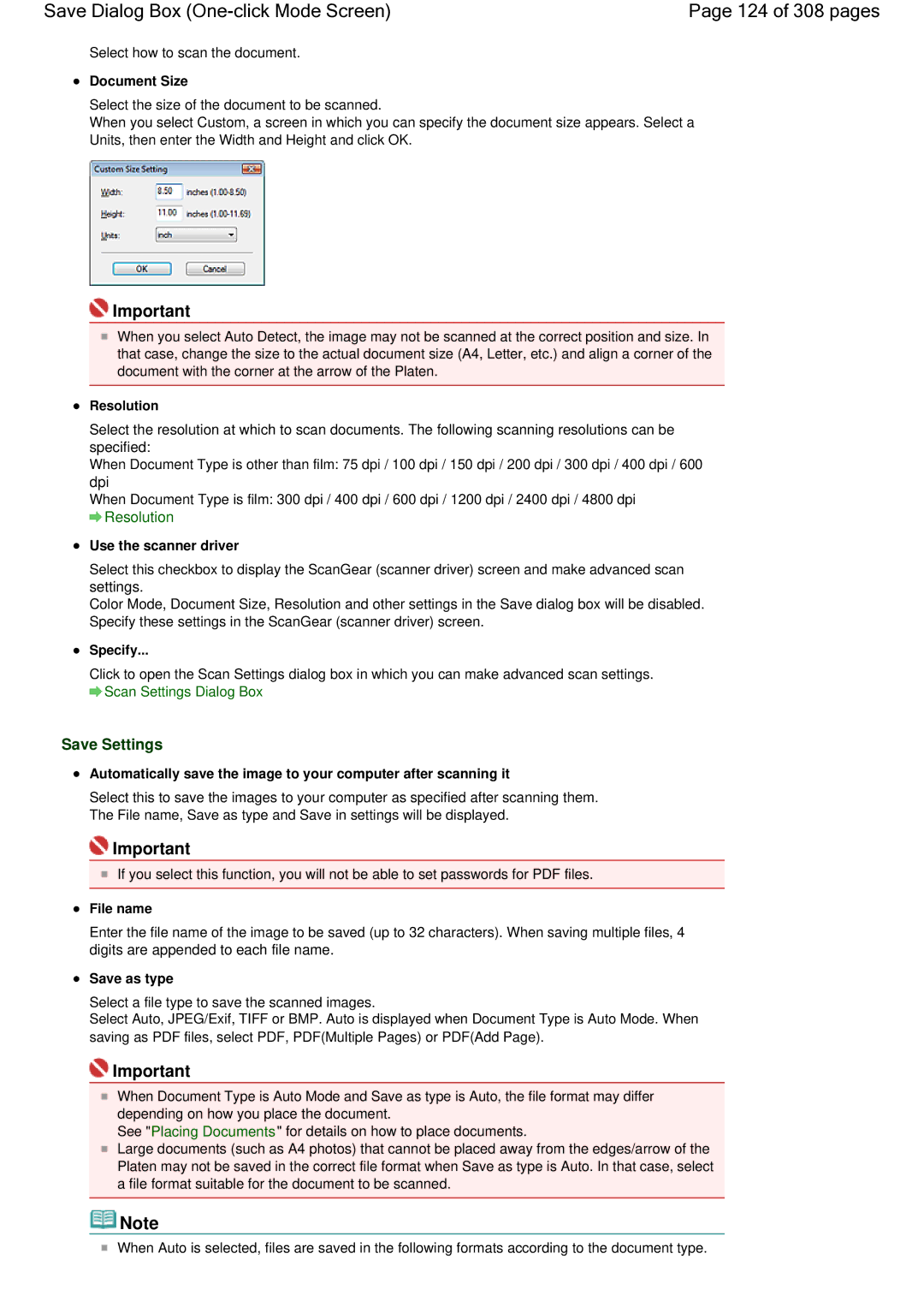 Canon LiDE 700F manual Save Dialog Box One-click Mode Screen 124 of 308 pages, Save Settings, Resolution 