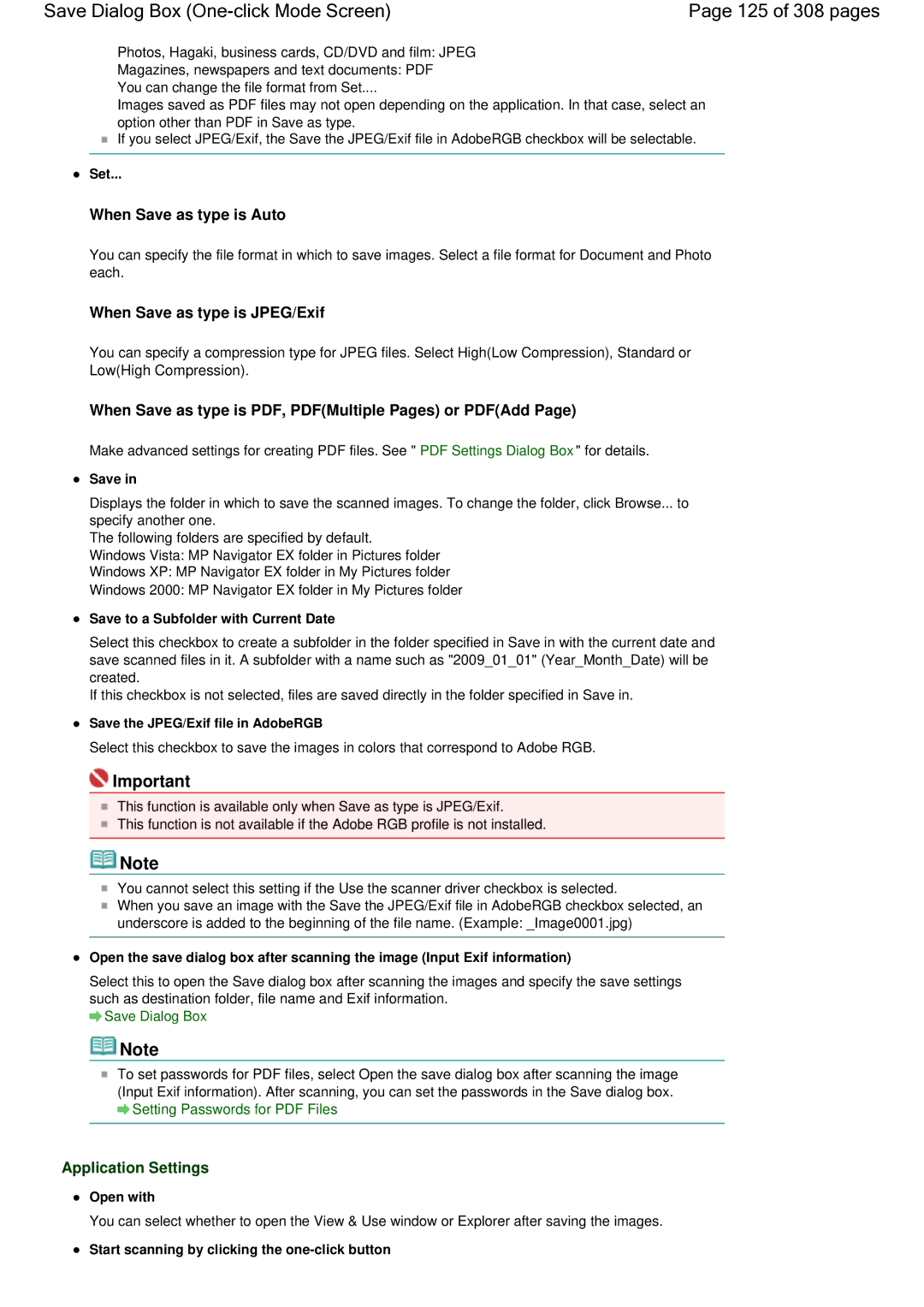 Canon LiDE 700F manual Save Dialog Box One-click Mode Screen 125 of 308 pages, Application Settings, Open with 