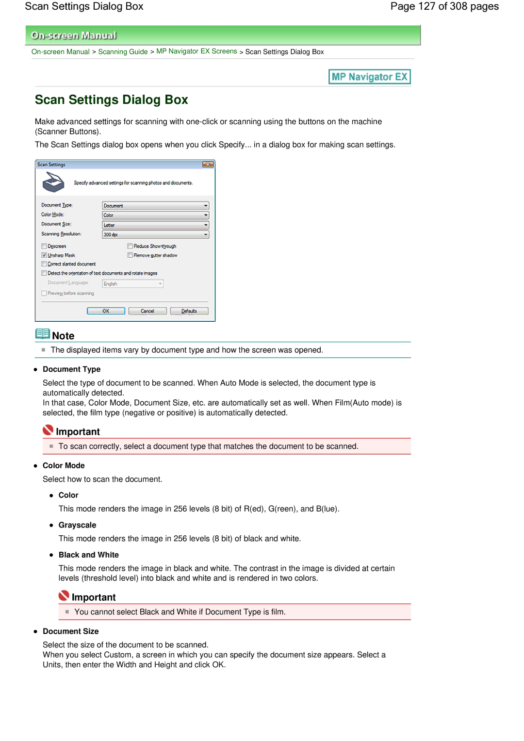 Canon LiDE 700F manual Scan Settings Dialog Box 127 of 308 pages, Grayscale, Black and White 