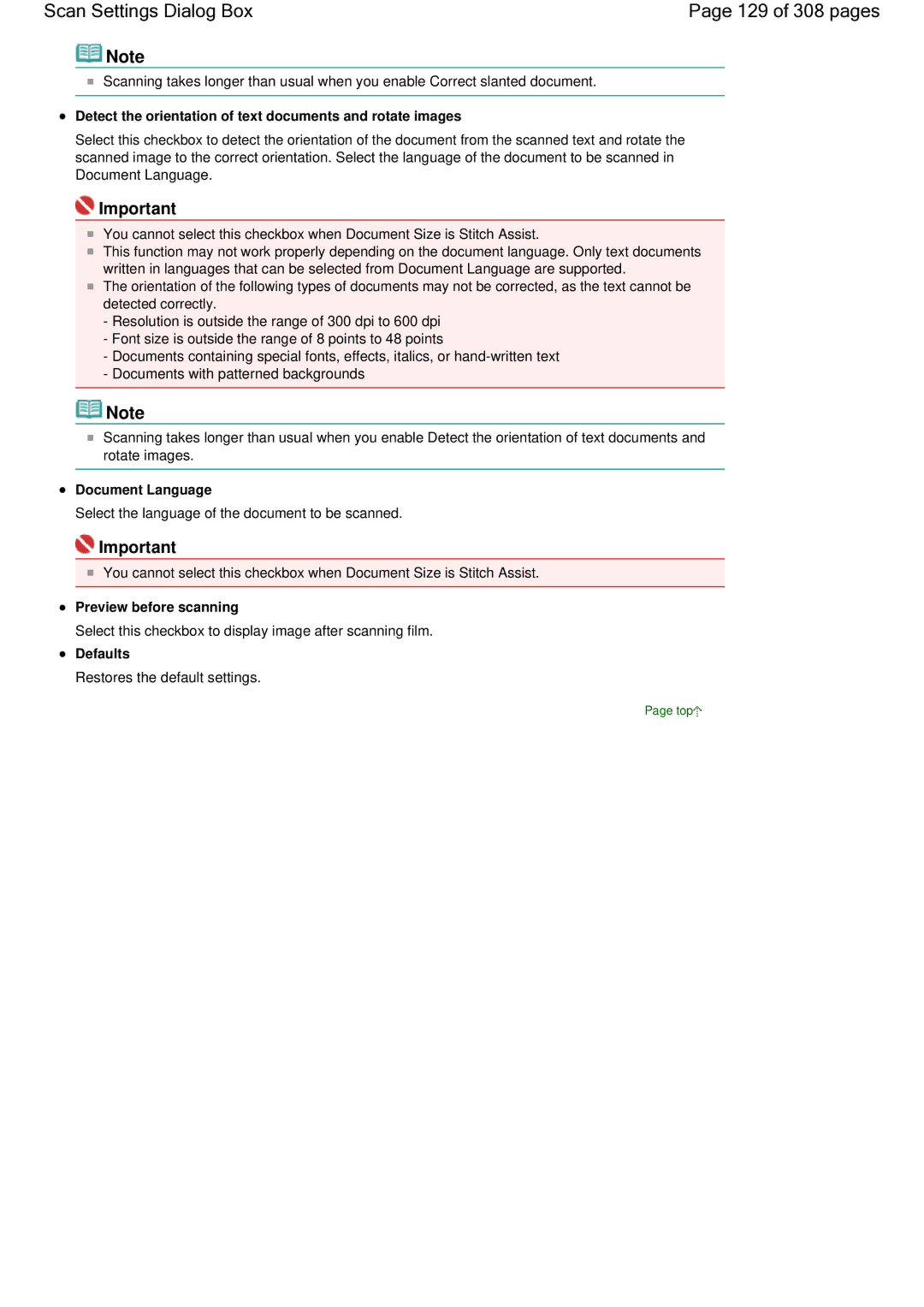 Canon LiDE 700F Scan Settings Dialog Box 129 of 308 pages, Detect the orientation of text documents and rotate images 