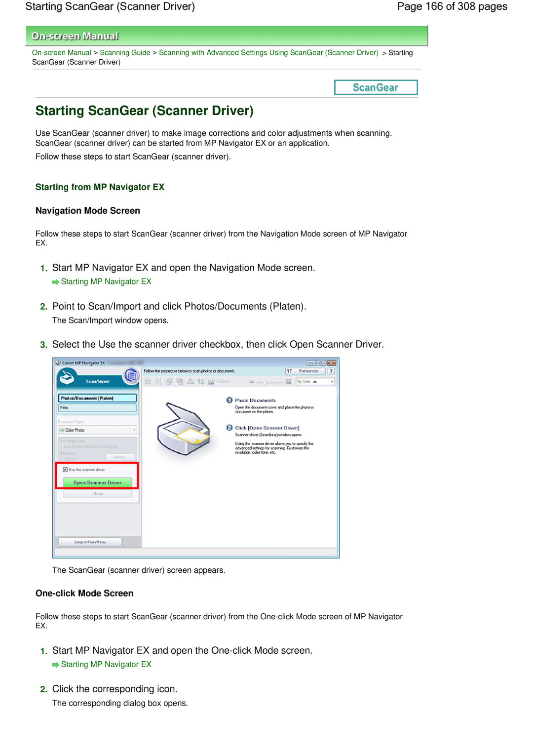 Canon LiDE 700F manual Starting ScanGear Scanner Driver 166 of 308 pages, Starting from MP Navigator EX 