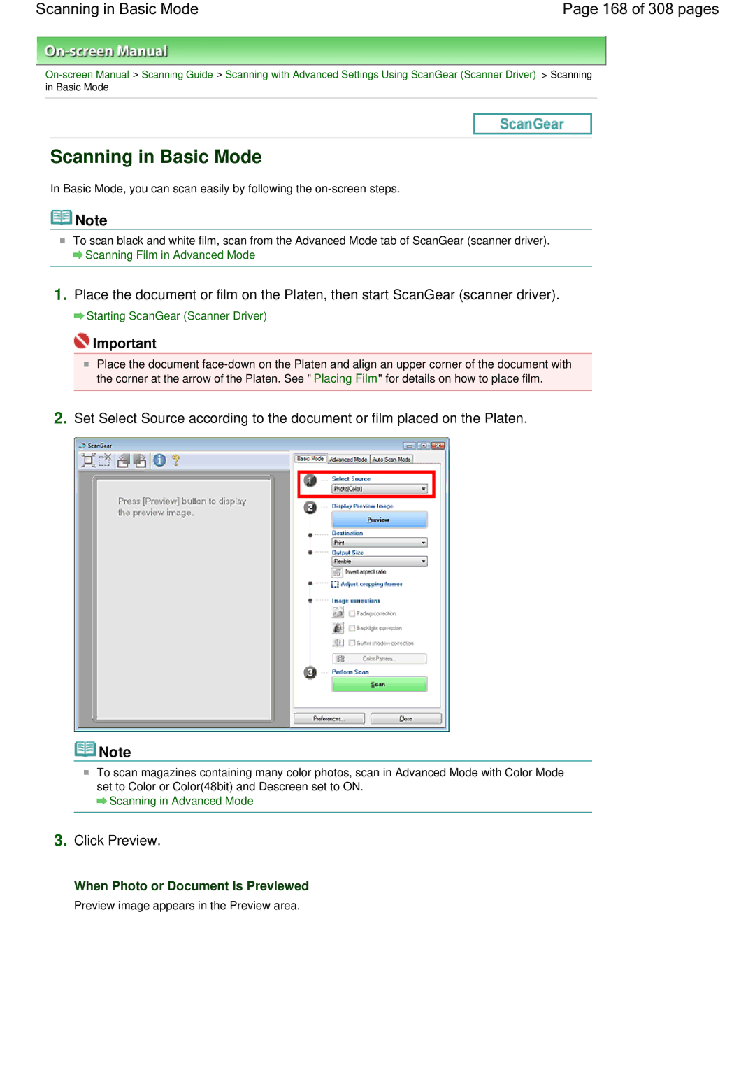 Canon LiDE 700F manual Scanning in Basic Mode 168 of 308 pages, Click Preview, When Photo or Document is Previewed 