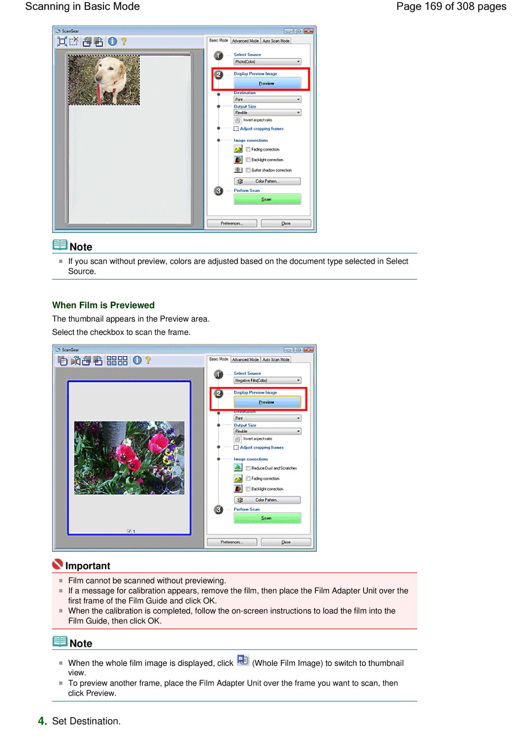 Canon LiDE 700F manual Scanning in Basic Mode 169 of 308 pages, Set Destination, When Film is Previewed 