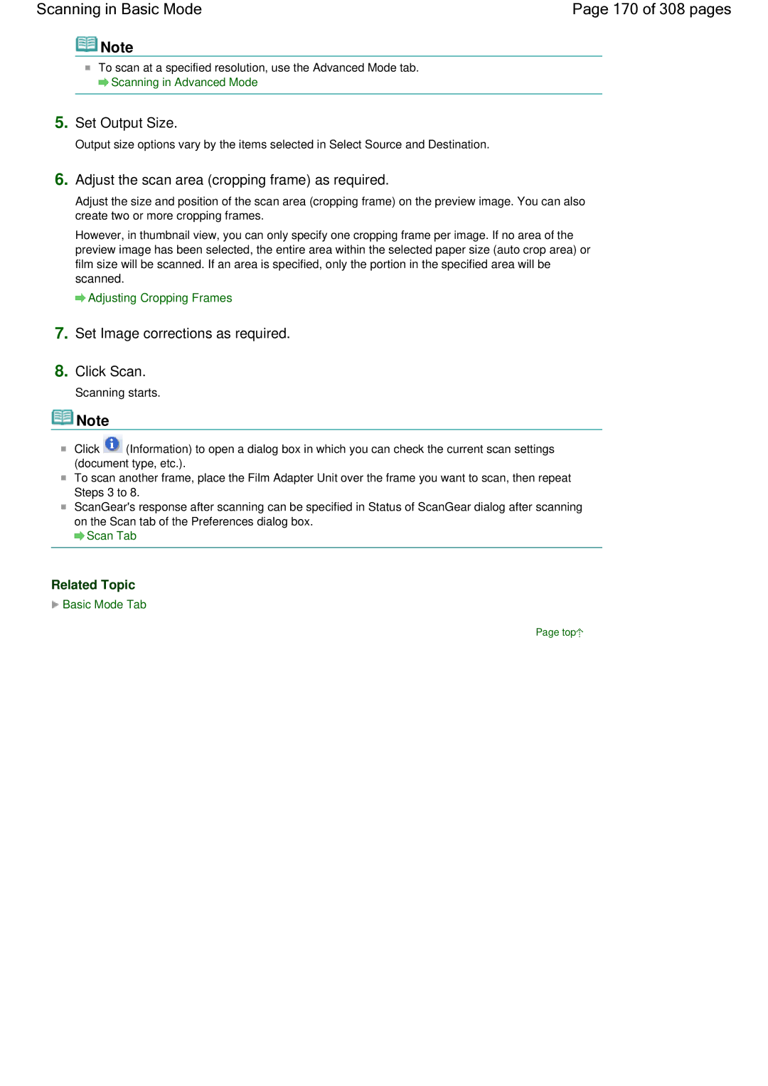 Canon LiDE 700F Scanning in Basic Mode 170 of 308 pages, Set Output Size, Adjust the scan area cropping frame as required 