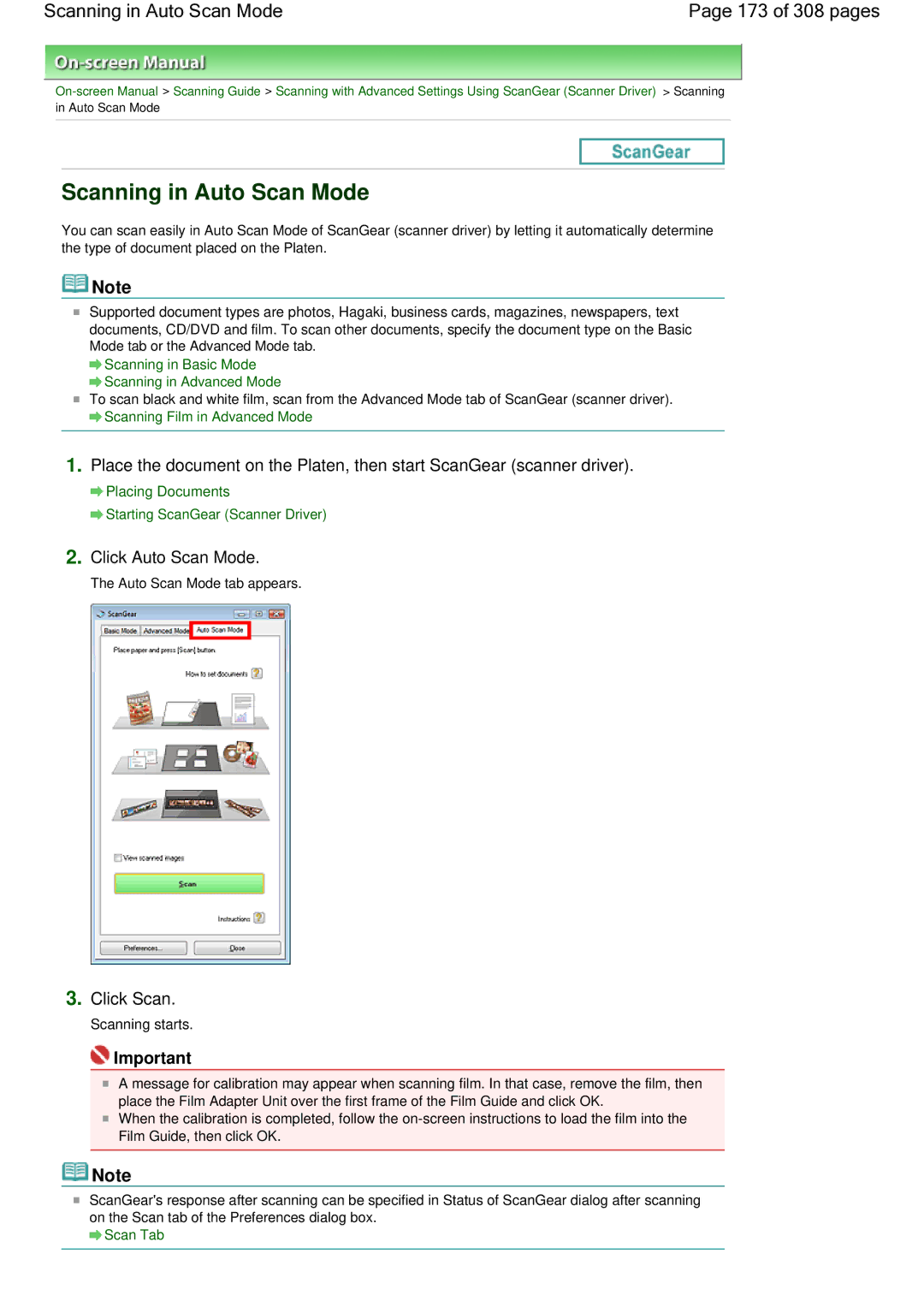 Canon LiDE 700F manual Scanning in Auto Scan Mode 173 of 308 pages, Click Auto Scan Mode 