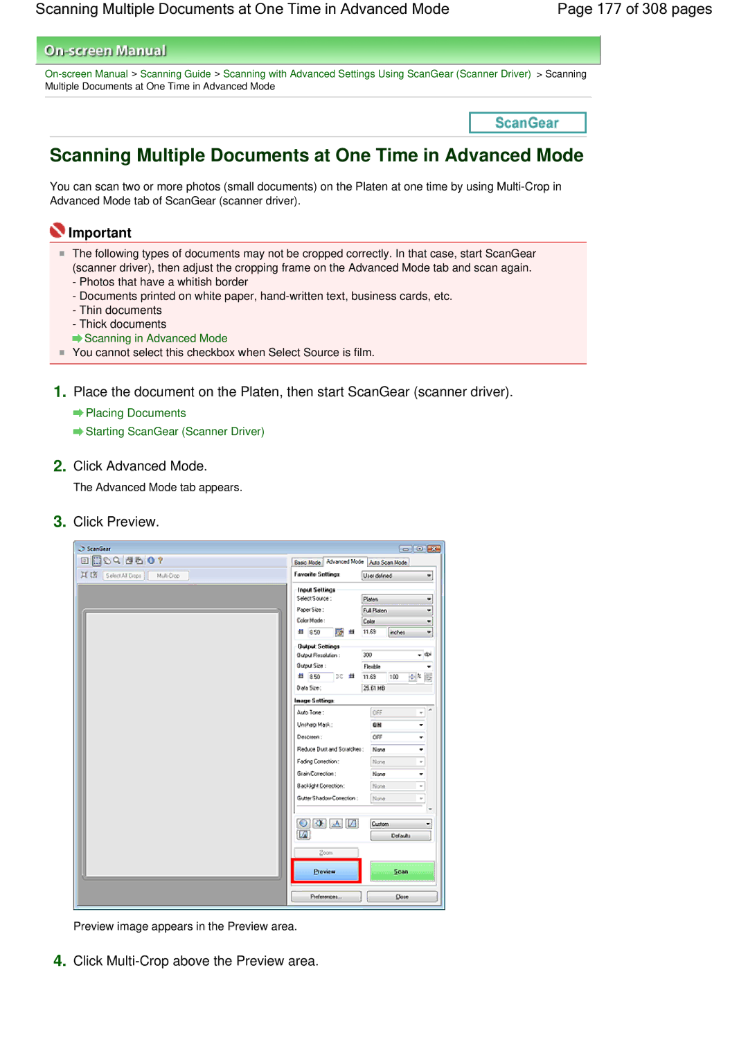 Canon LiDE 700F manual Scanning Multiple Documents at One Time in Advanced Mode, Click Multi-Crop above the Preview area 