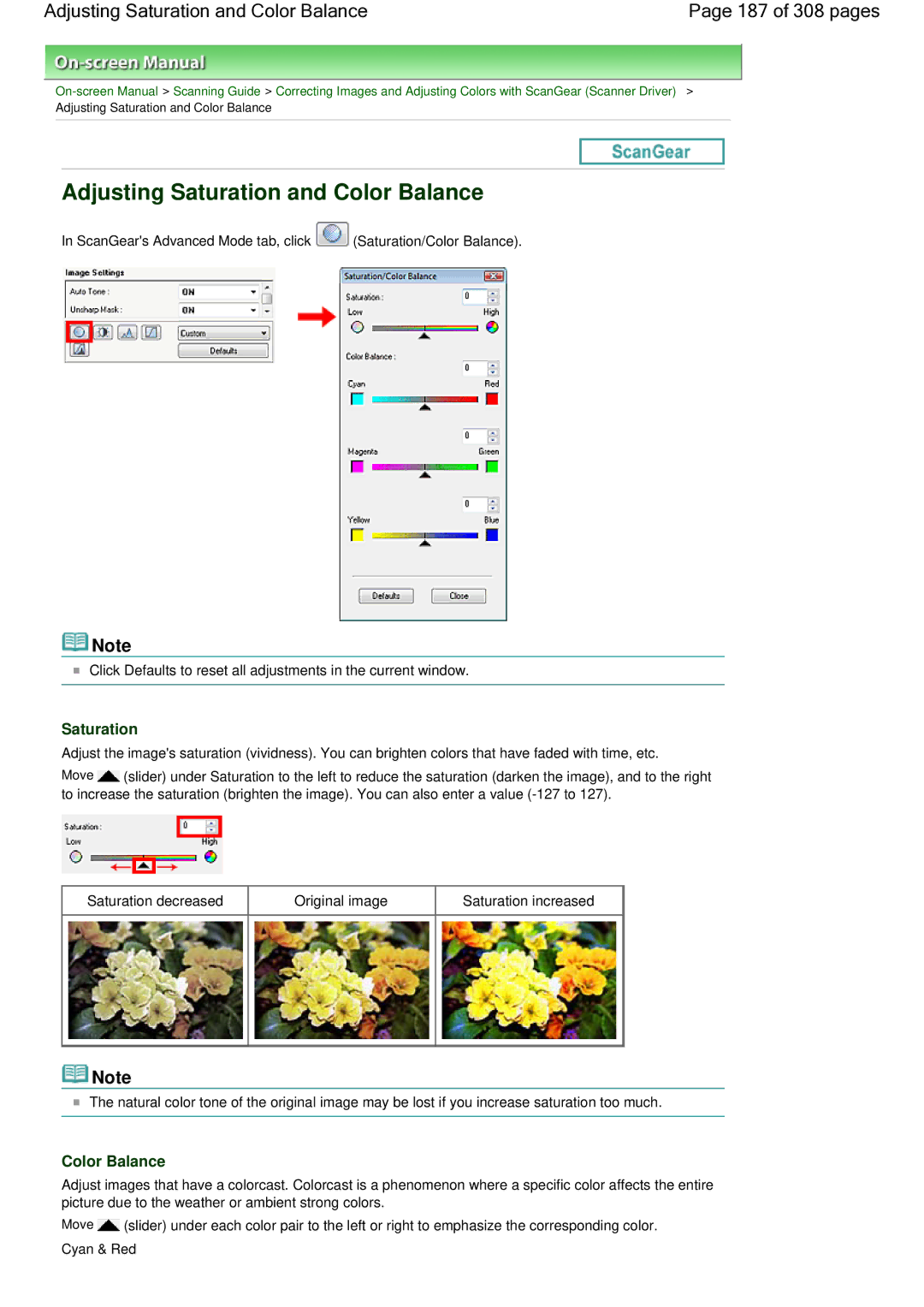 Canon LiDE 700F manual Adjusting Saturation and Color Balance 187 of 308 pages 