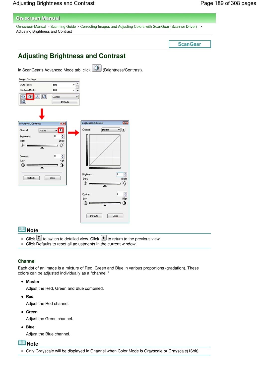 Canon LiDE 700F manual Adjusting Brightness and Contrast 189 of 308 pages, Channel 