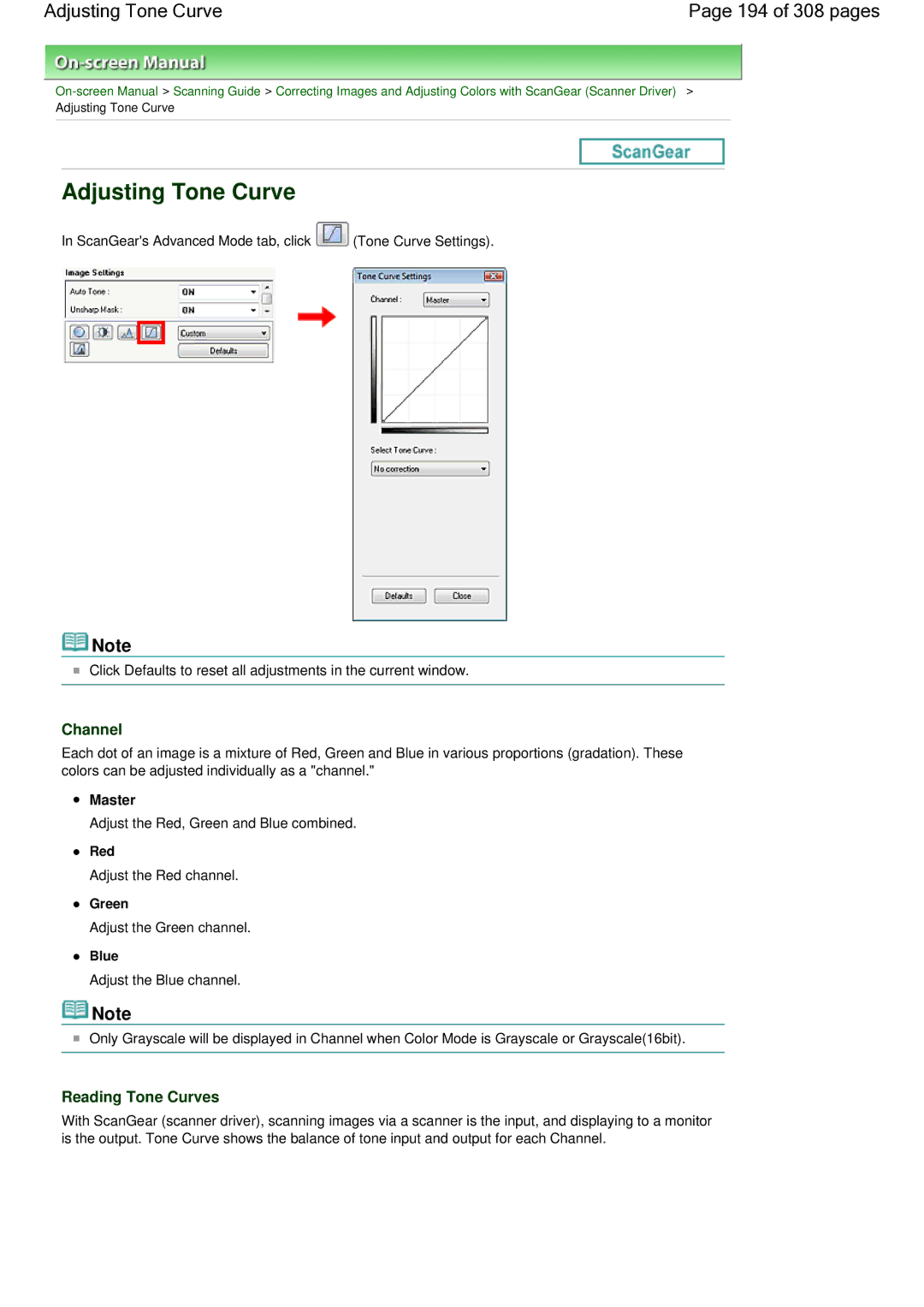 Canon LiDE 700F manual Adjusting Tone Curve 194 of 308 pages, Reading Tone Curves 