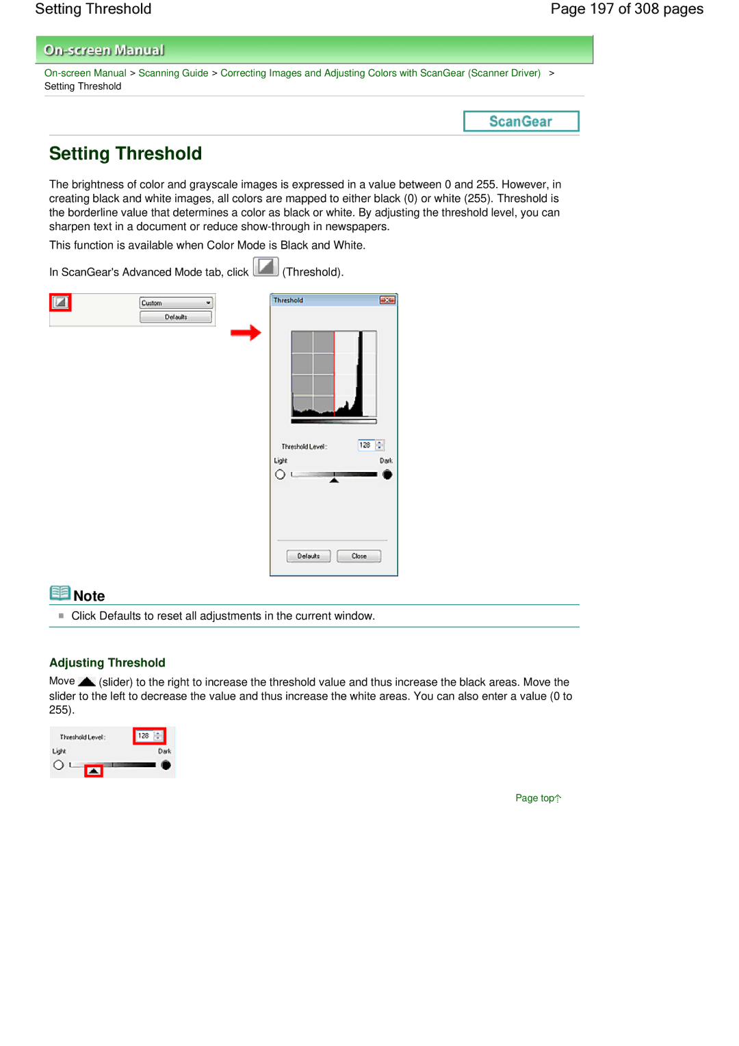 Canon LiDE 700F manual Setting Threshold 197 of 308 pages, Adjusting Threshold 