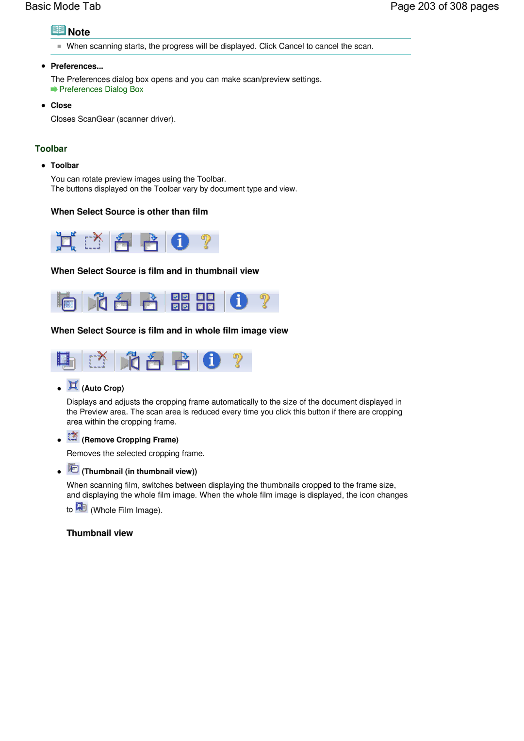 Canon LiDE 700F Basic Mode Tab 203 of 308 pages, Toolbar, Auto Crop, Remove Cropping Frame, Thumbnail in thumbnail view 