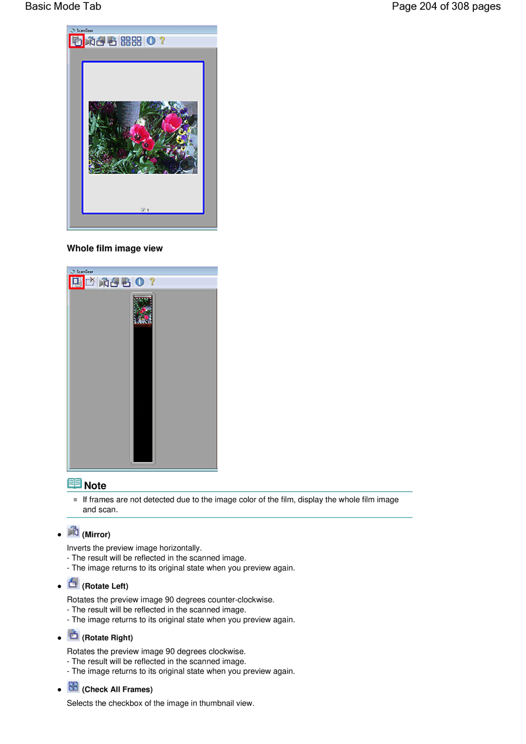 Canon LiDE 700F manual Basic Mode Tab 204 of 308 pages, Mirror, Check All Frames 